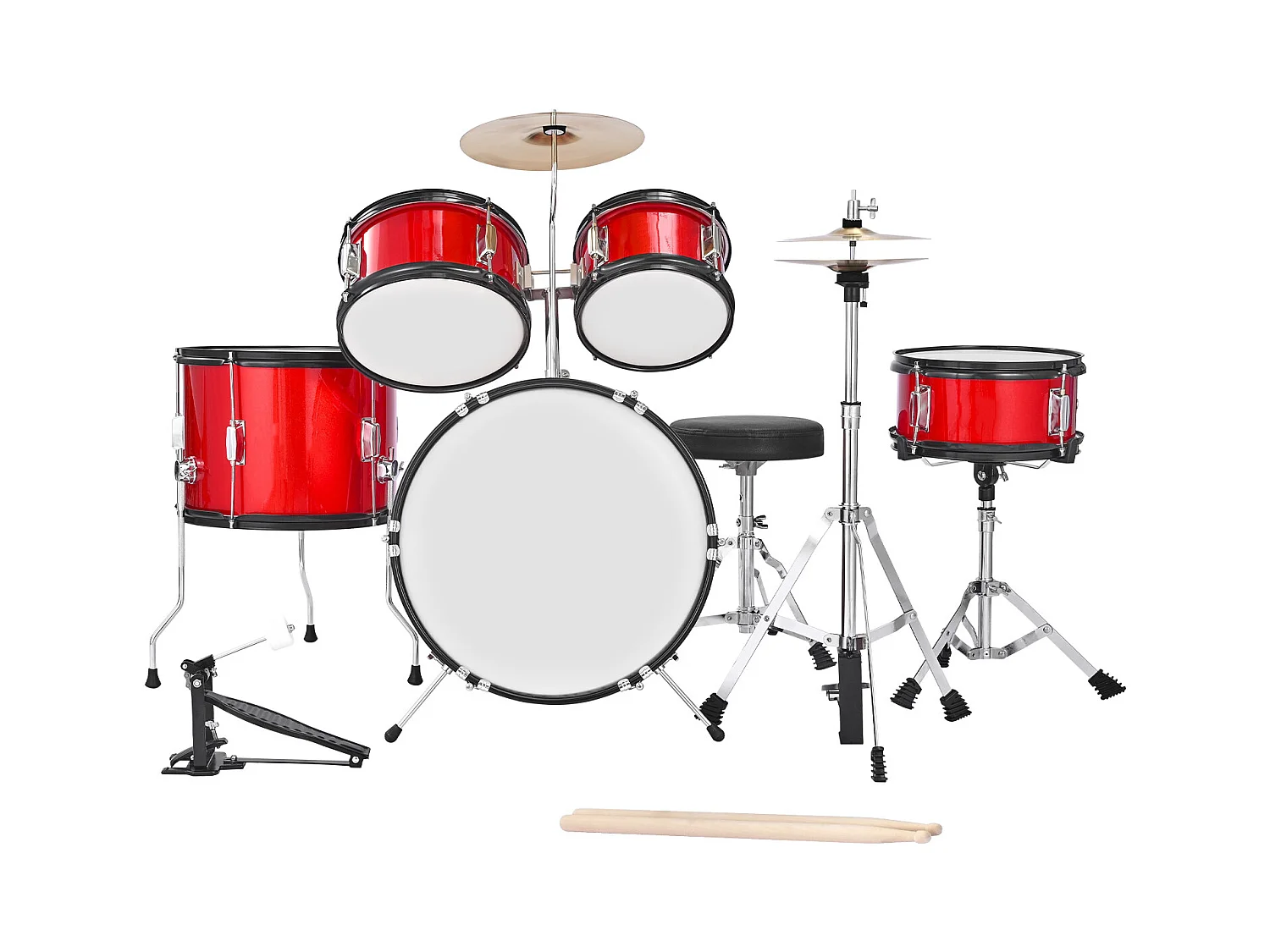 Kinder-Schlagzeug SucceBuy, 5-Teilig, Anfänger-Schlagzeug, 45 cm Bassdrum mit Tom-Tom, 25,4 cm Snare Drum, 36 cm Bassdrum, mit Sitz, Drumsticks, Rot