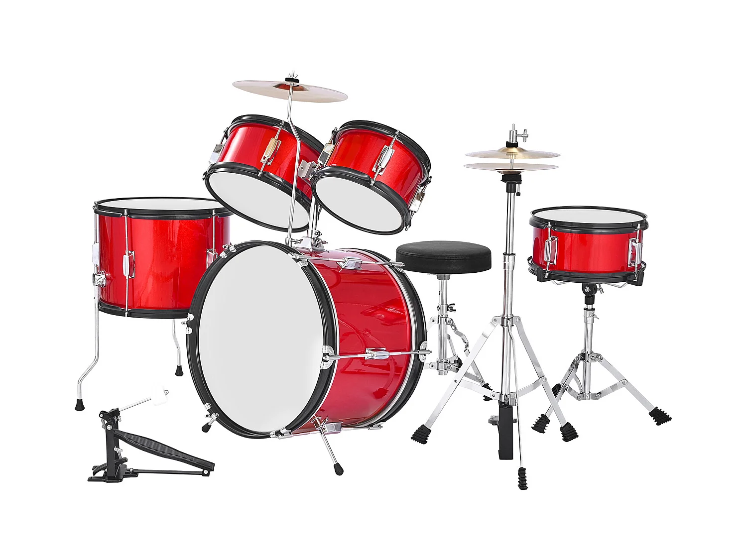 Kinder-Schlagzeug SucceBuy, 5-Teilig, Anfänger-Schlagzeug, 45 cm Bassdrum mit Tom-Tom, 25,4 cm Snare Drum, 36 cm Bassdrum, mit Sitz, Drumsticks, Rot