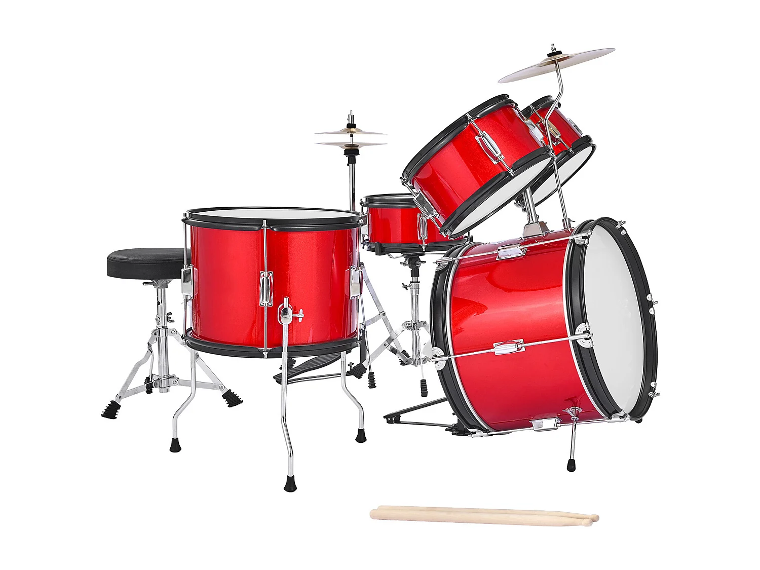 Batterie Enfant SucceBuy, 5 PCS, Batterie Débutants, Grosse Caisse 45 cm avec Tom-tom, Caisse Claire 25,4 cm Tom Basse 36 cm, avec Siège, Baguettes, Rouge