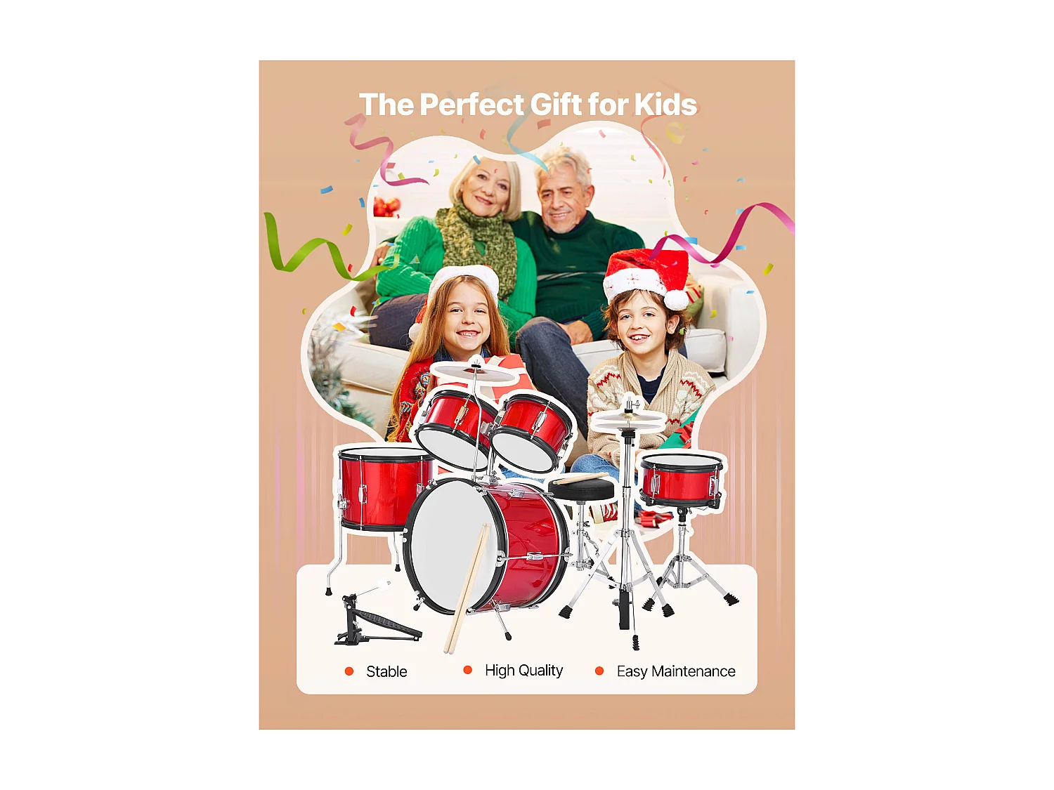 Batterie Enfant SucceBuy, 5 PCS, Batterie Débutants, Grosse Caisse 45 cm avec Tom-tom, Caisse Claire 25,4 cm Tom Basse 36 cm, avec Siège, Baguettes, Rouge