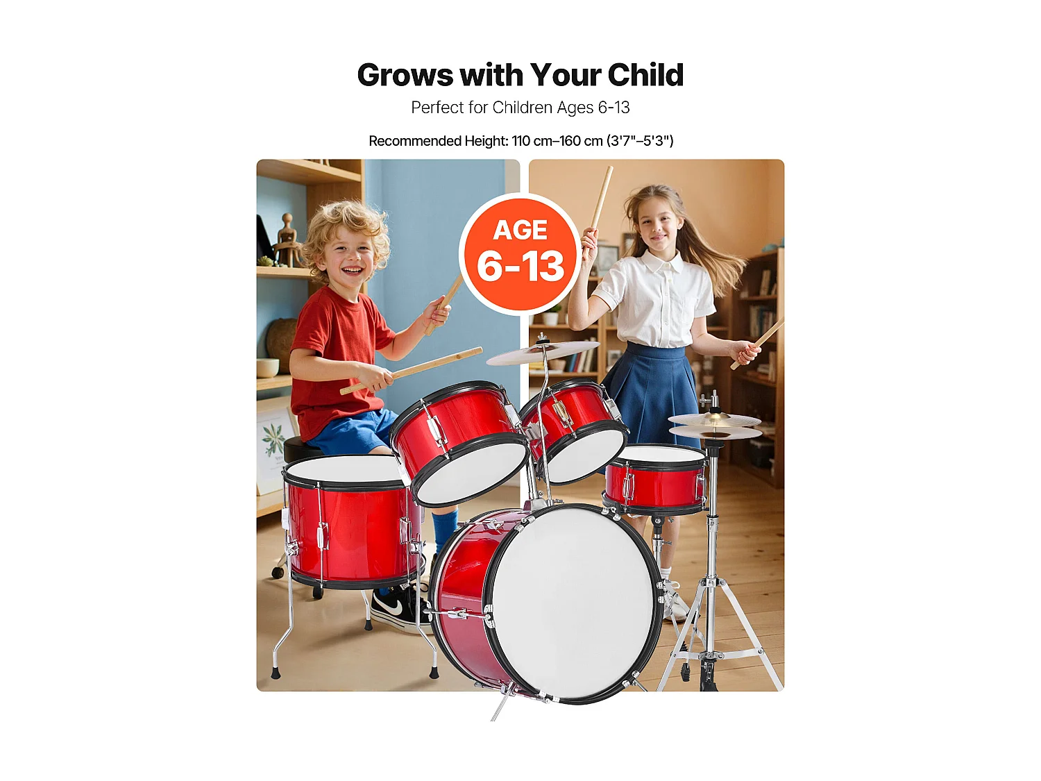 Batterie Enfant SucceBuy, 5 PCS, Batterie Débutants, Grosse Caisse 45 cm avec Tom-tom, Caisse Claire 25,4 cm Tom Basse 36 cm, avec Siège, Baguettes, Rouge