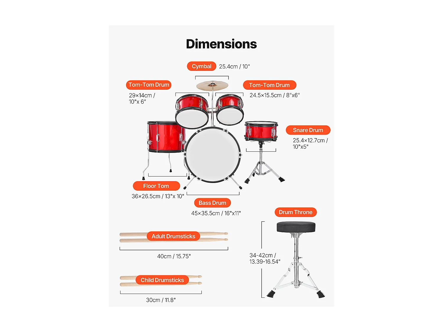 Batterie Enfant SucceBuy, 5 PCS, Batterie Débutants, Grosse Caisse 45 cm avec Tom-tom, Caisse Claire 25,4 cm Tom Basse 36 cm, avec Siège, Baguettes, Rouge