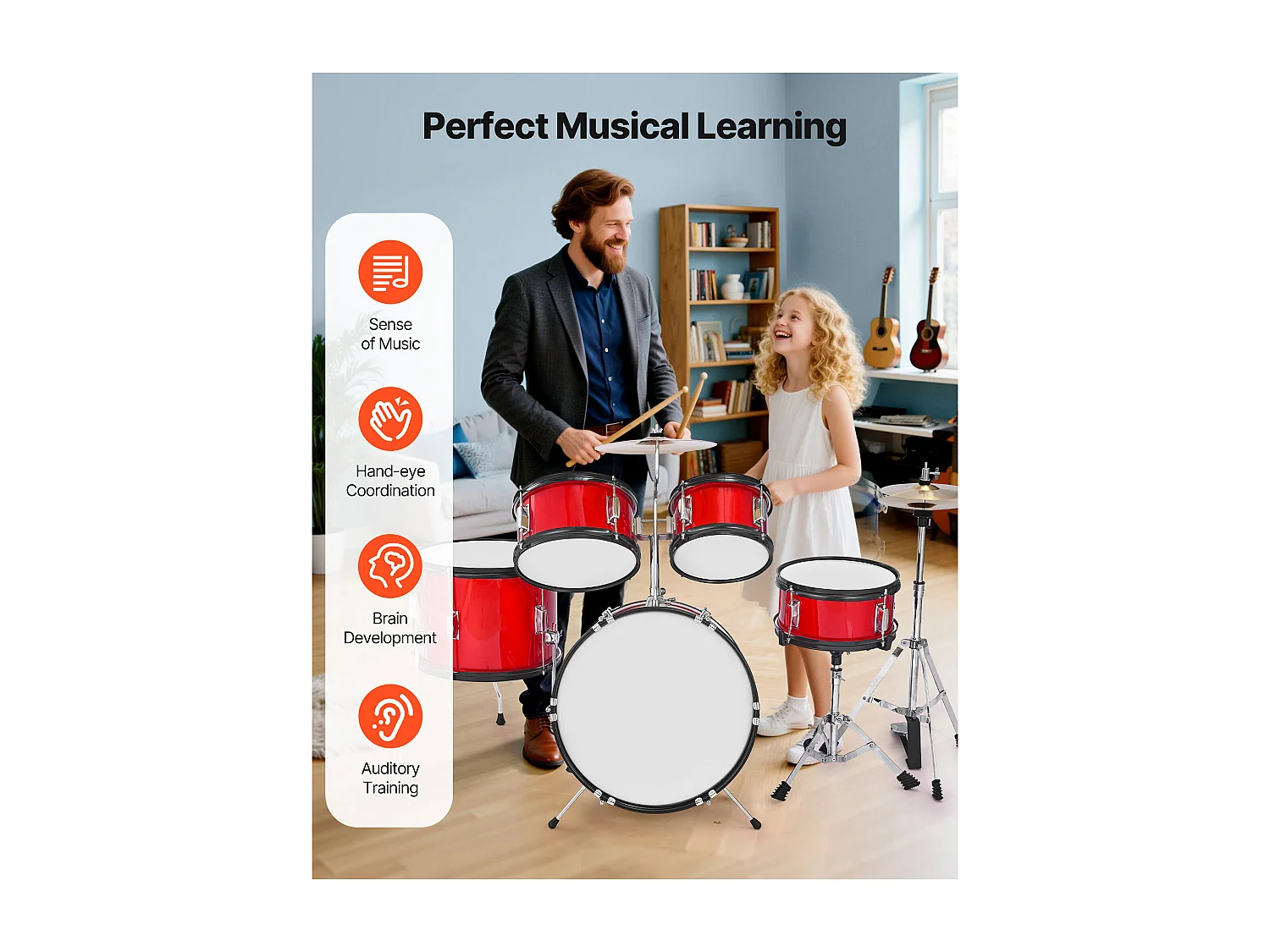 Batterie Enfant SucceBuy, 5 PCS, Batterie Débutants, Grosse Caisse 45 cm avec Tom-tom, Caisse Claire 25,4 cm Tom Basse 36 cm, avec Siège, Baguettes, Rouge