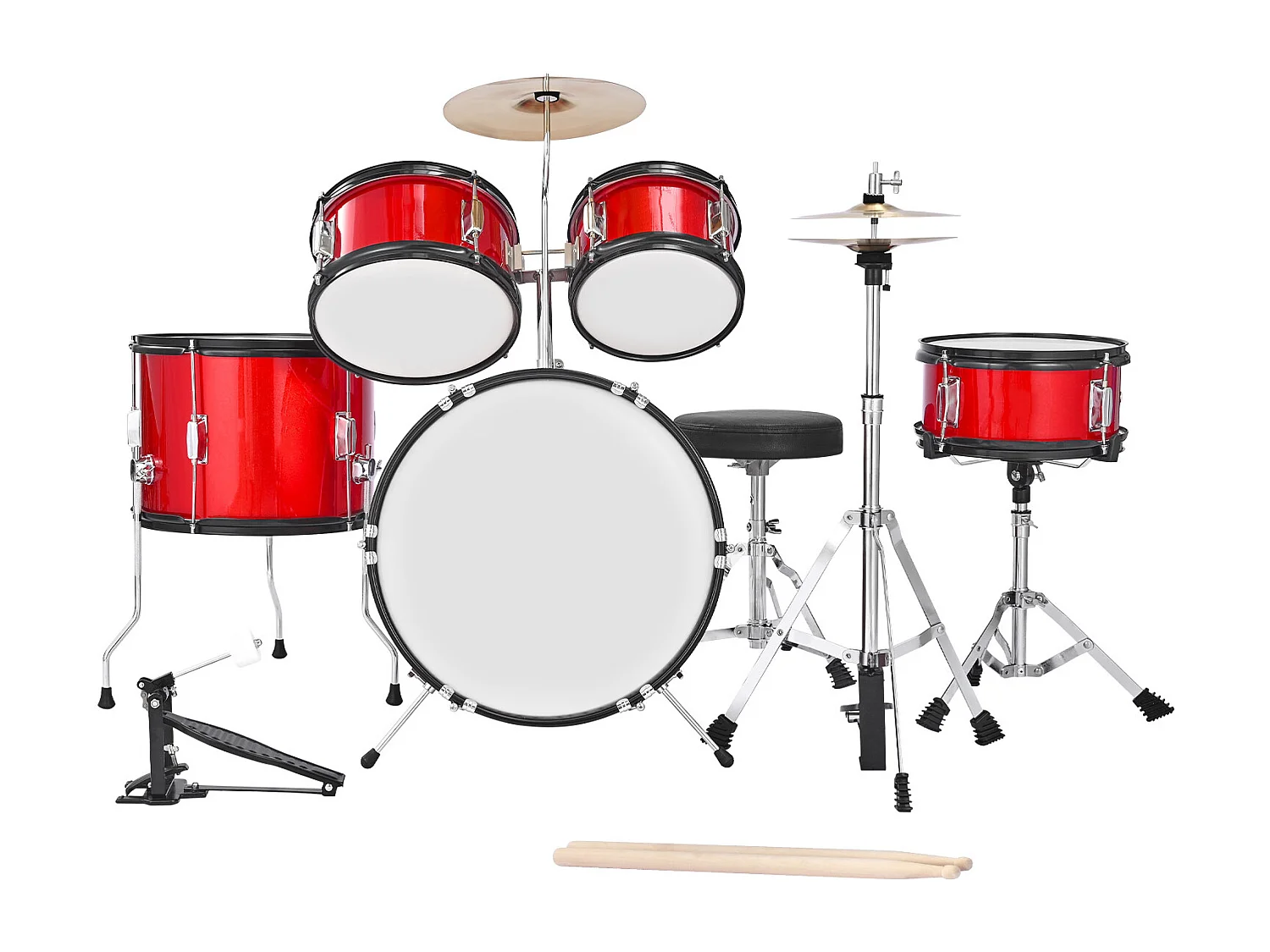 Batterie Enfant SucceBuy, 5 PCS, Batterie Débutants, Grosse Caisse 45 cm avec Tom-tom, Caisse Claire 25,4 cm Tom Basse 36 cm, avec Siège, Baguettes, Rouge