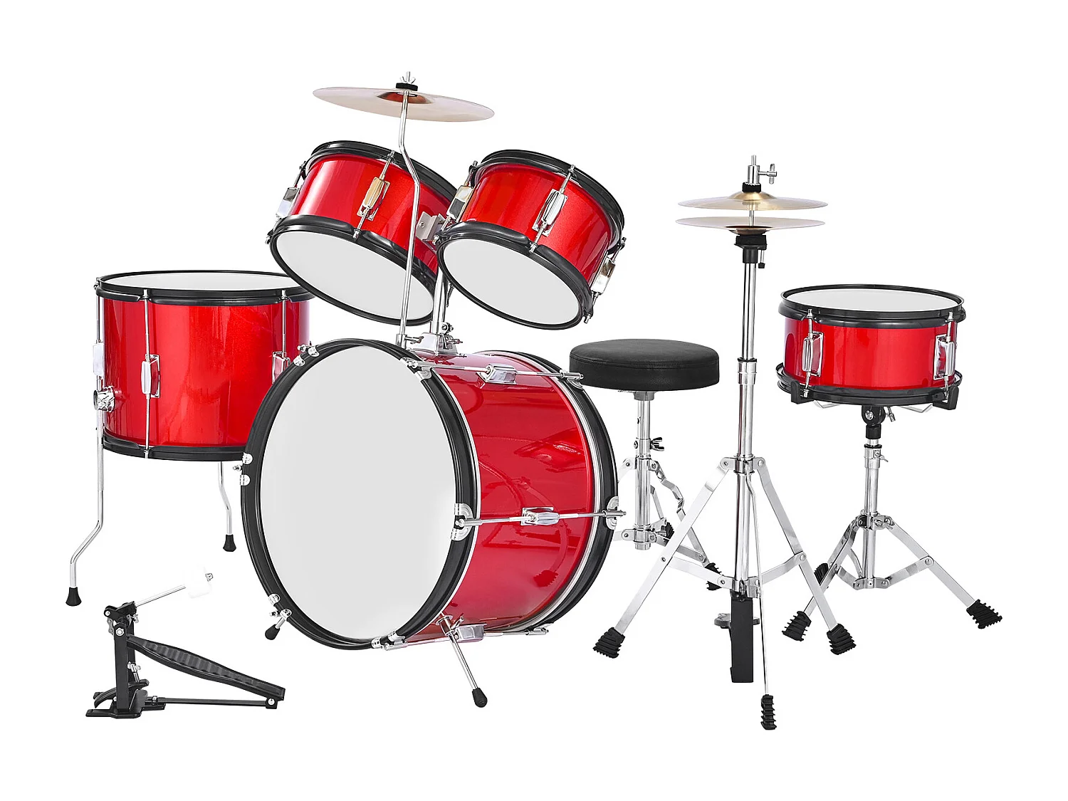 Batterie Enfant SucceBuy, 5 PCS, Batterie Débutants, Grosse Caisse 45 cm avec Tom-tom, Caisse Claire 25,4 cm Tom Basse 36 cm, avec Siège, Baguettes, Rouge