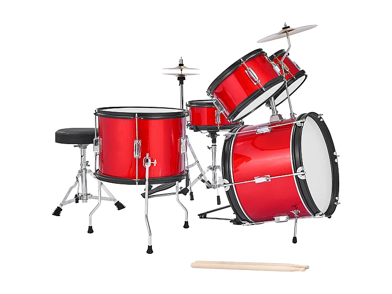 Batterie Enfant SucceBuy, 5 PCS, Batterie Débutants, Grosse Caisse 45 cm avec Tom-tom, Caisse Claire 25,4 cm Tom Basse 36 cm, avec Siège, Baguettes, Rouge