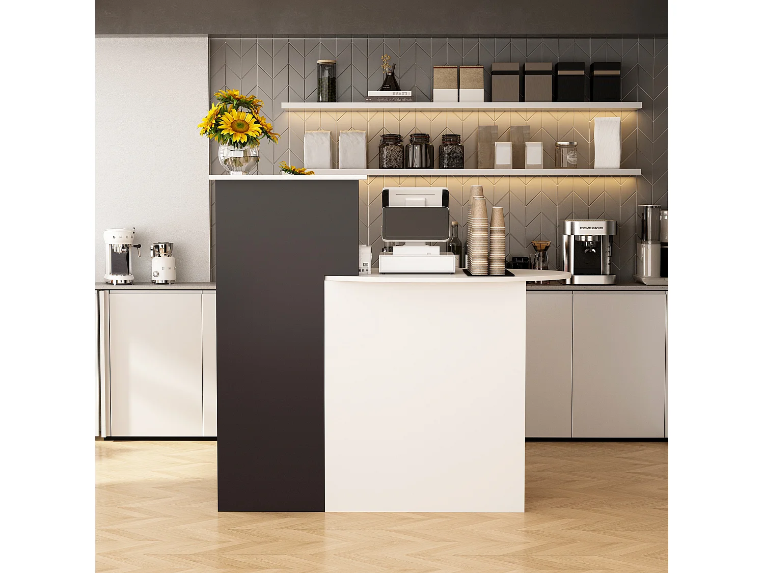 Bureau d’Accueil avec Compartiments et Tiroir, Comptoir de Réception avec Plan de Travail Ovale, Bureau,121x60x121cm, Blanc et Noir