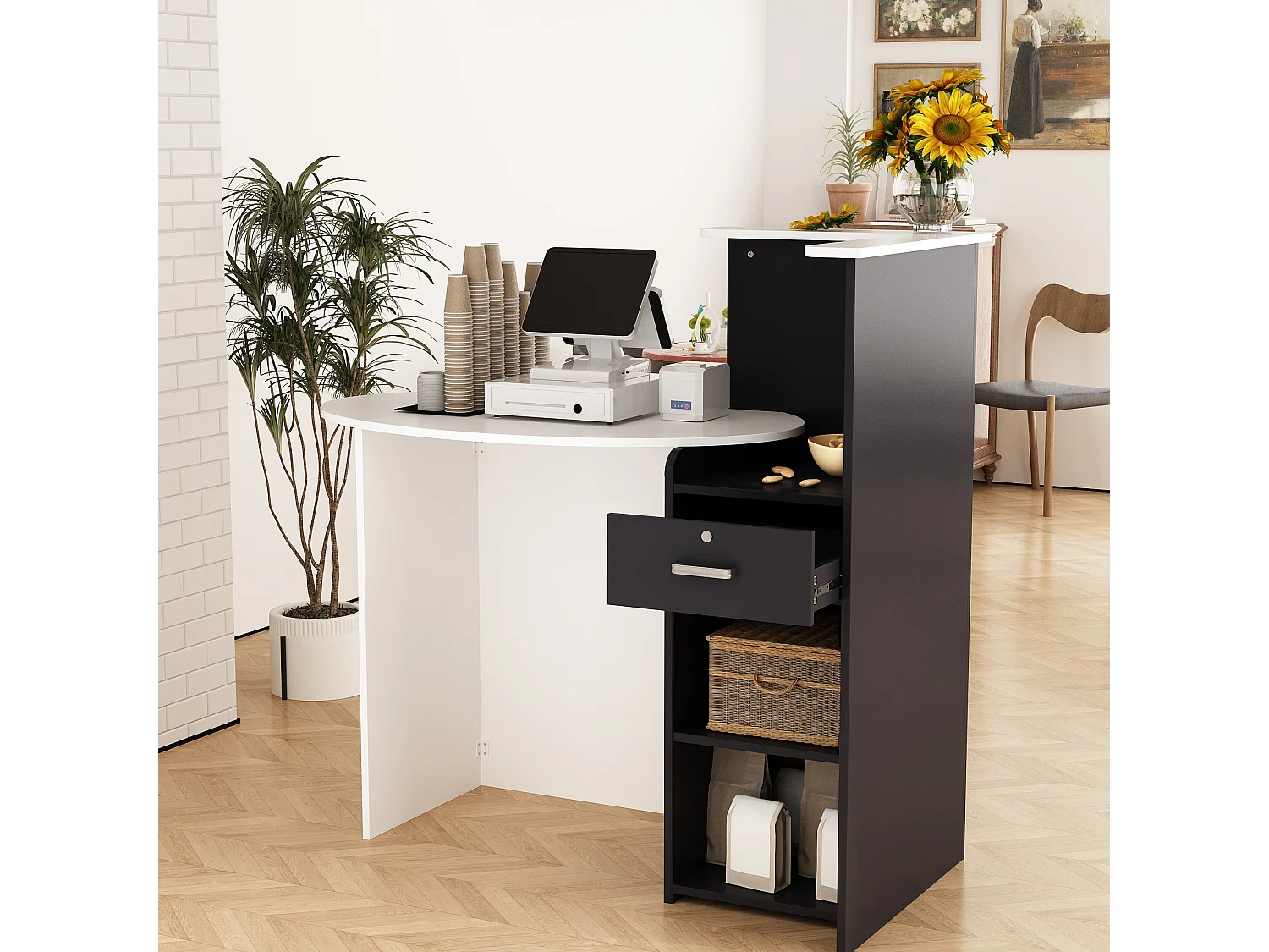 Bureau d’Accueil avec Compartiments et Tiroir, Comptoir de Réception avec Plan de Travail Ovale, Bureau,121x60x121cm, Blanc et Noir