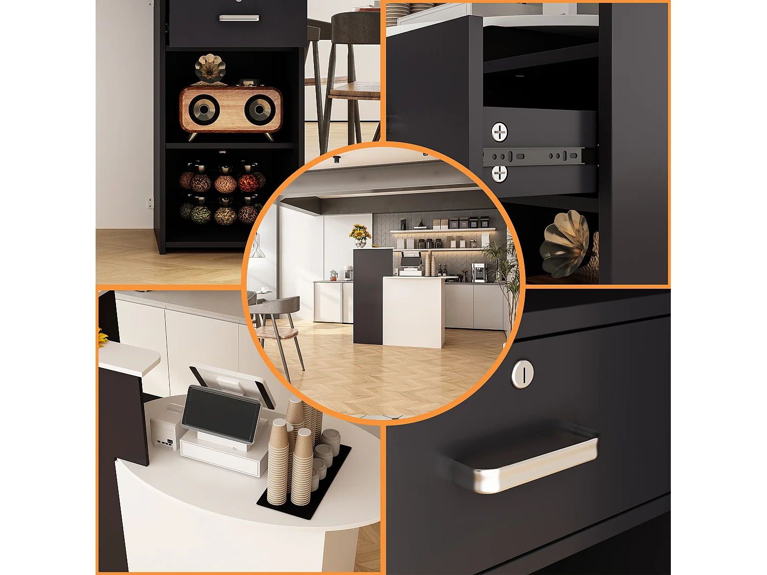 Bureau d’Accueil avec Compartiments et Tiroir, Comptoir de Réception avec Plan de Travail Ovale, Bureau,121x60x121cm, Blanc et Noir