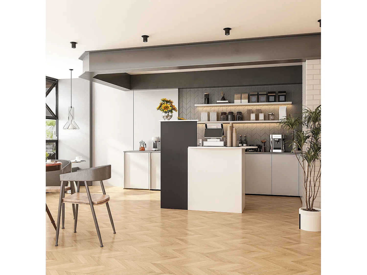 Bureau d’Accueil avec Compartiments et Tiroir, Comptoir de Réception avec Plan de Travail Ovale, Bureau,121x60x121cm, Blanc et Noir