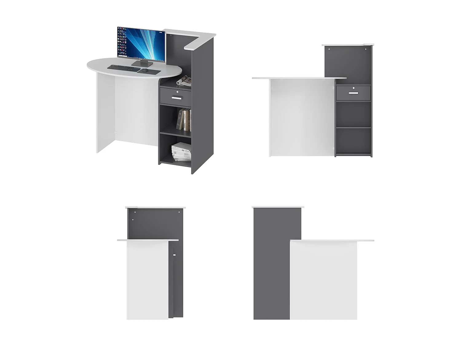 Bureau d’Accueil avec Compartiments et Tiroir, Comptoir de Réception avec Plan de Travail Ovale, Bureau,121x60x121cm, Blanc et Noir