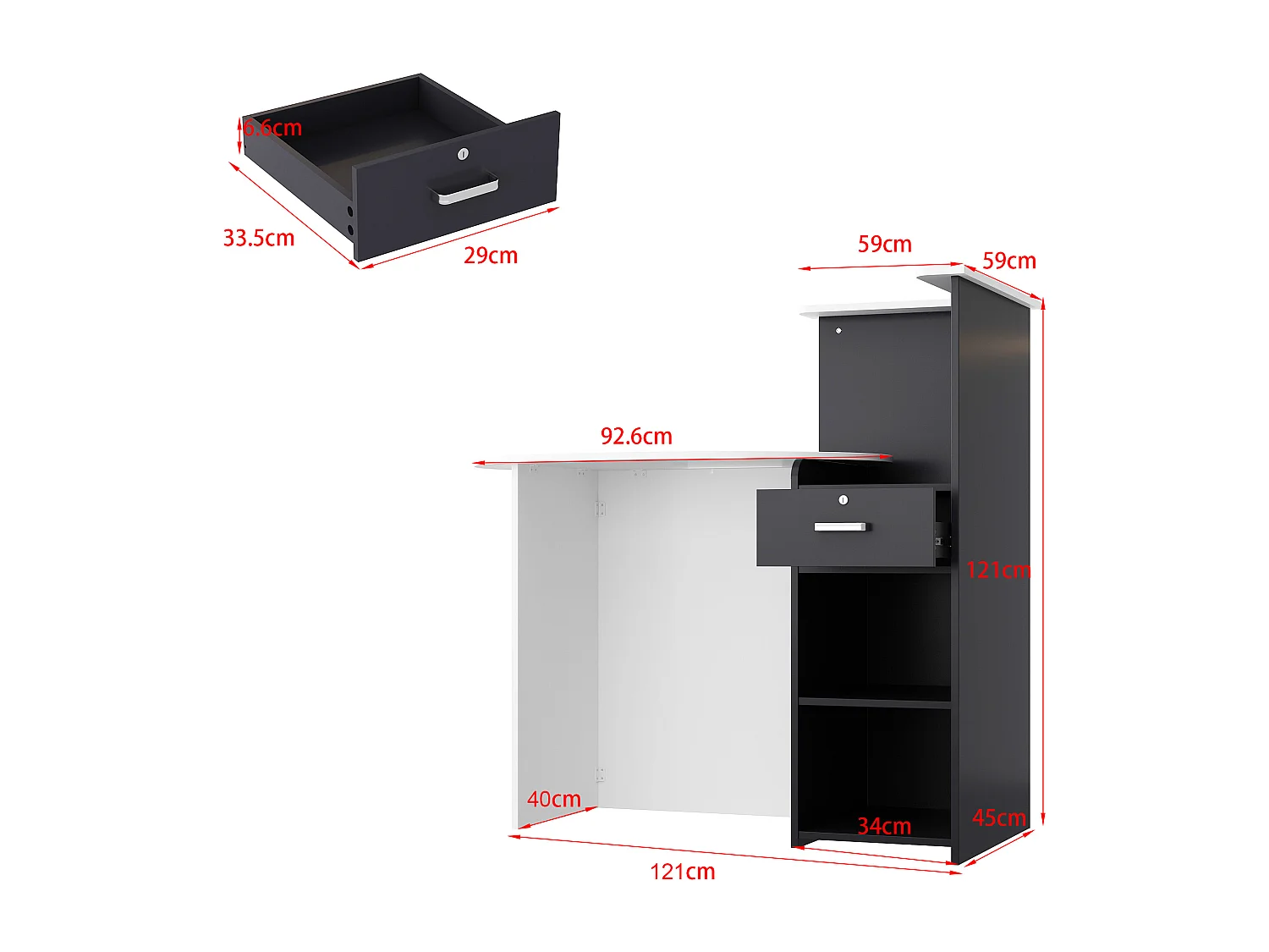 Bureau d’Accueil avec Compartiments et Tiroir, Comptoir de Réception avec Plan de Travail Ovale, Bureau,121x60x121cm, Blanc et Noir