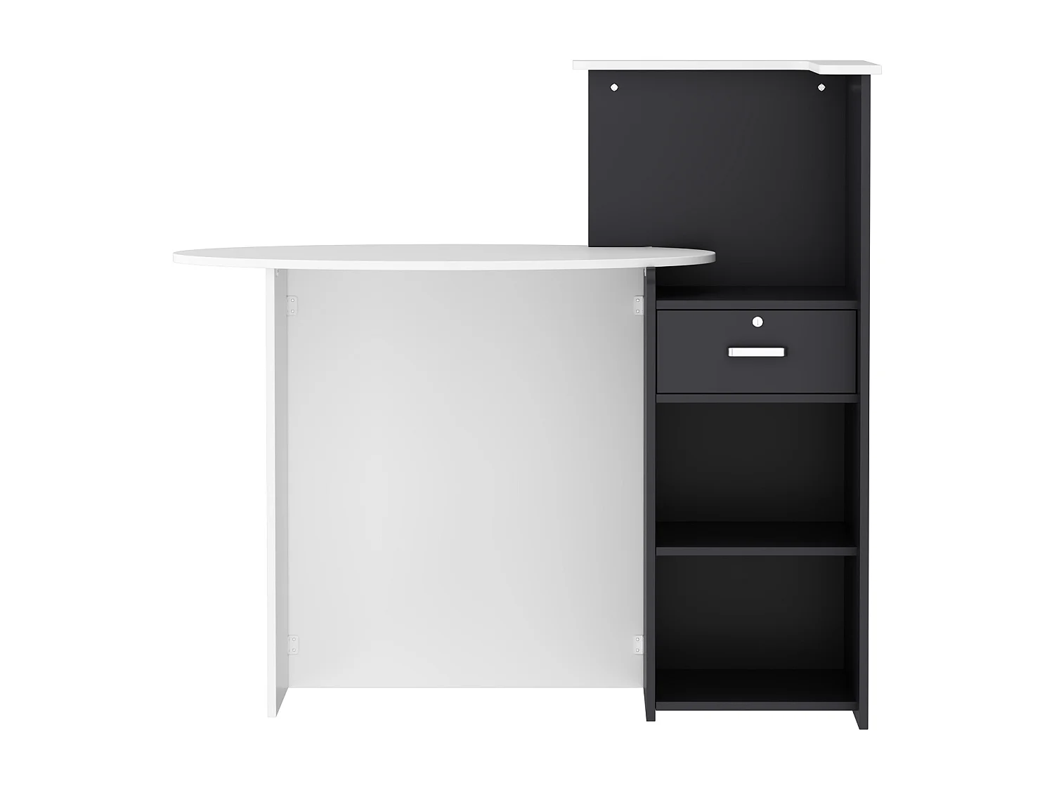 Bureau d’Accueil avec Compartiments et Tiroir, Comptoir de Réception avec Plan de Travail Ovale, Bureau,121x60x121cm, Blanc et Noir