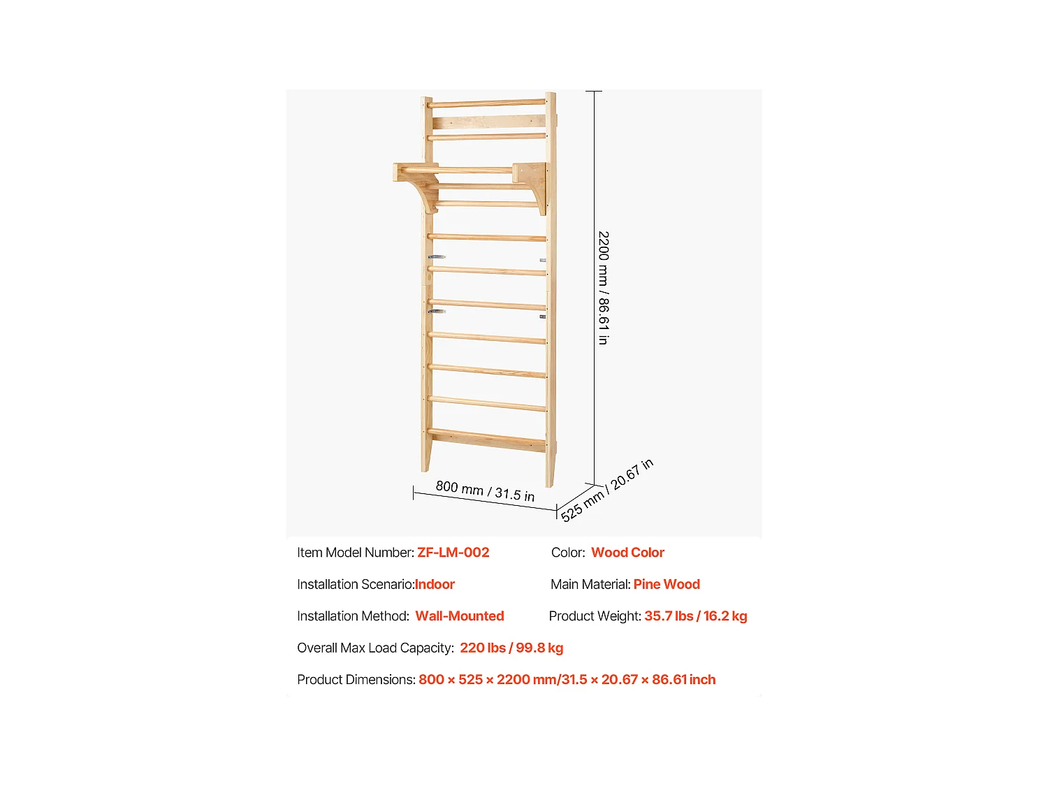 Espaldera de Madera Maciza SucceBuy, Escalera de Pared de 10 Niveles, Capacidad de Carga 99,8 kg, Equipo de Gimnasia con Barra de Dominadas, Ideal para Escalada