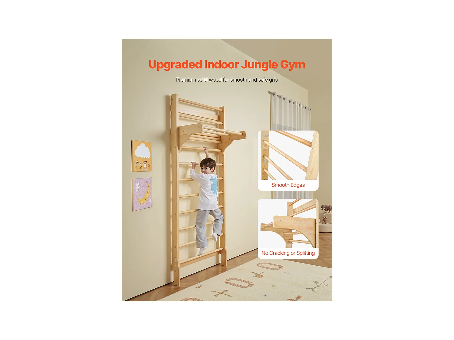 Espaldera de Madera Maciza SucceBuy, Escalera de Pared de 10 Niveles, Capacidad de Carga 99,8 kg, Equipo de Gimnasia con Barra de Dominadas, Ideal para Escalada