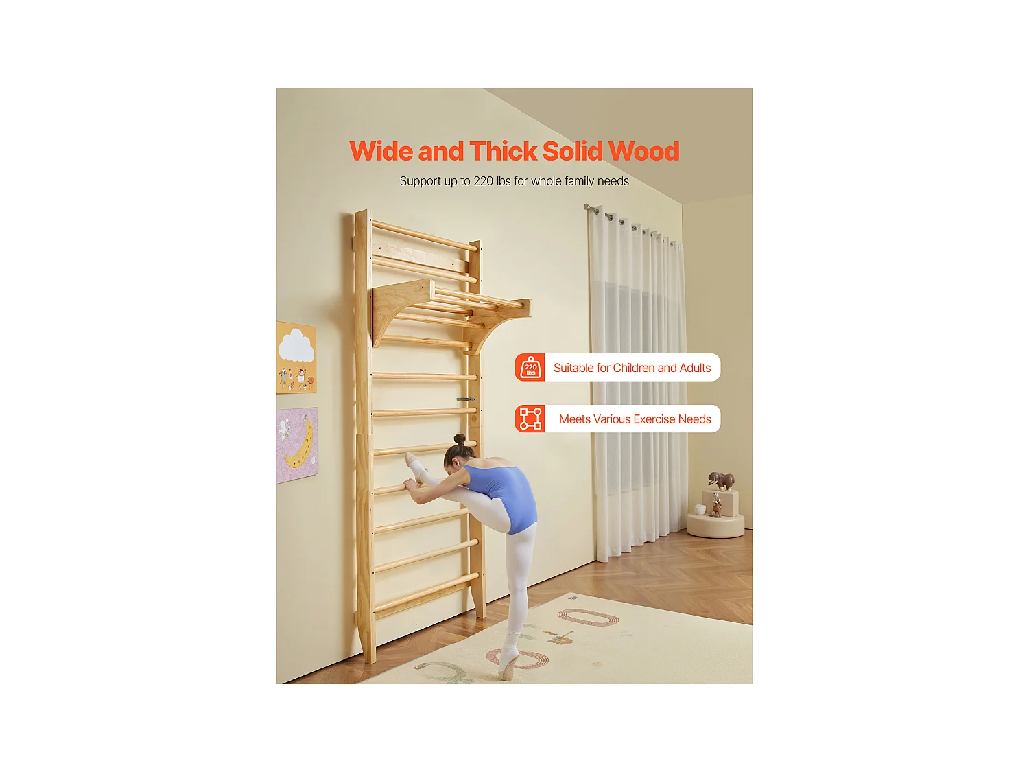 Espaldera de Madera Maciza SucceBuy, Escalera de Pared de 10 Niveles, Capacidad de Carga 99,8 kg, Equipo de Gimnasia con Barra de Dominadas, Ideal para Escalada