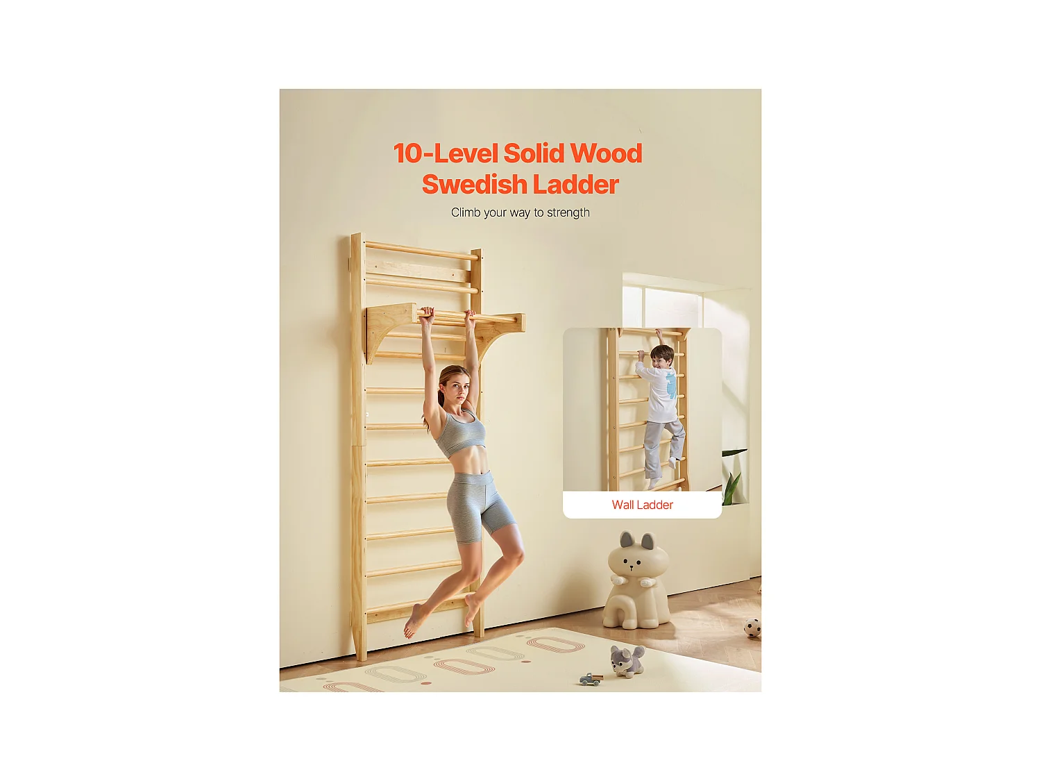 Espaldera de Madera Maciza SucceBuy, Escalera de Pared de 10 Niveles, Capacidad de Carga 99,8 kg, Equipo de Gimnasia con Barra de Dominadas, Ideal para Escalada