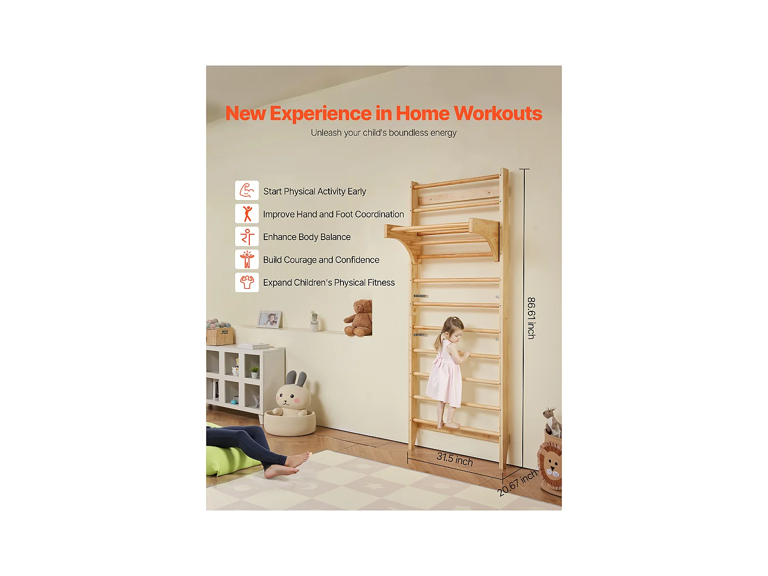 Espaldera de Madera Maciza SucceBuy, Escalera de Pared de 10 Niveles, Capacidad de Carga 99,8 kg, Equipo de Gimnasia con Barra de Dominadas, Ideal para Escalada