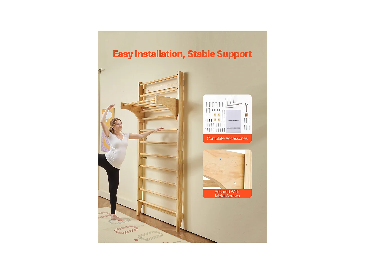 Espaldera de Madera Maciza SucceBuy, Escalera de Pared de 10 Niveles, Capacidad de Carga 99,8 kg, Equipo de Gimnasia con Barra de Dominadas, Ideal para Escalada