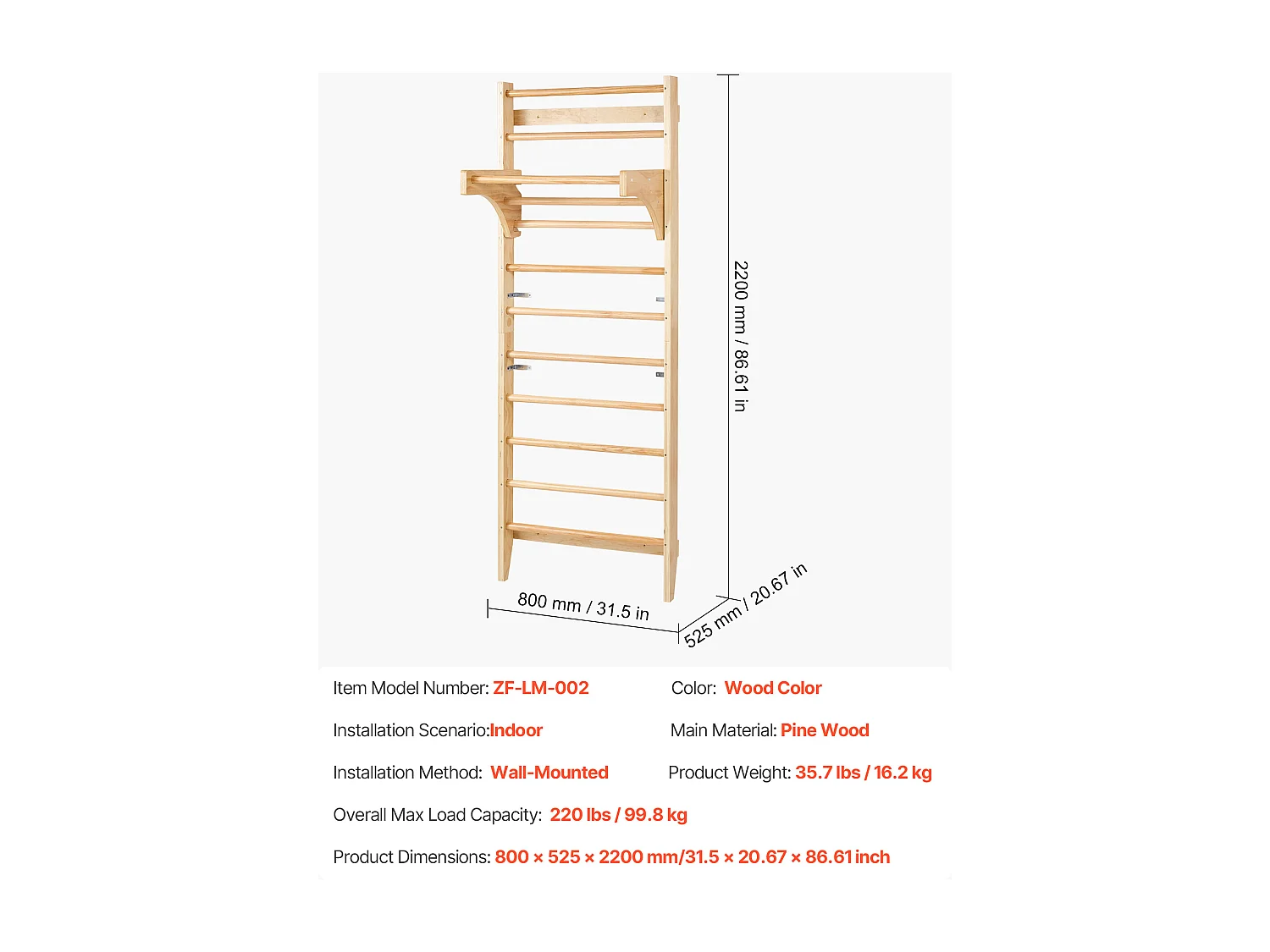 Spalliera in Legno Massello SucceBuy, Scala a Muro 10 Livelli, Capacità di Carico 99,8 kg, Attrezzatura Ginnica con Sbarra per Trazioni, Ideale per Arrampicata