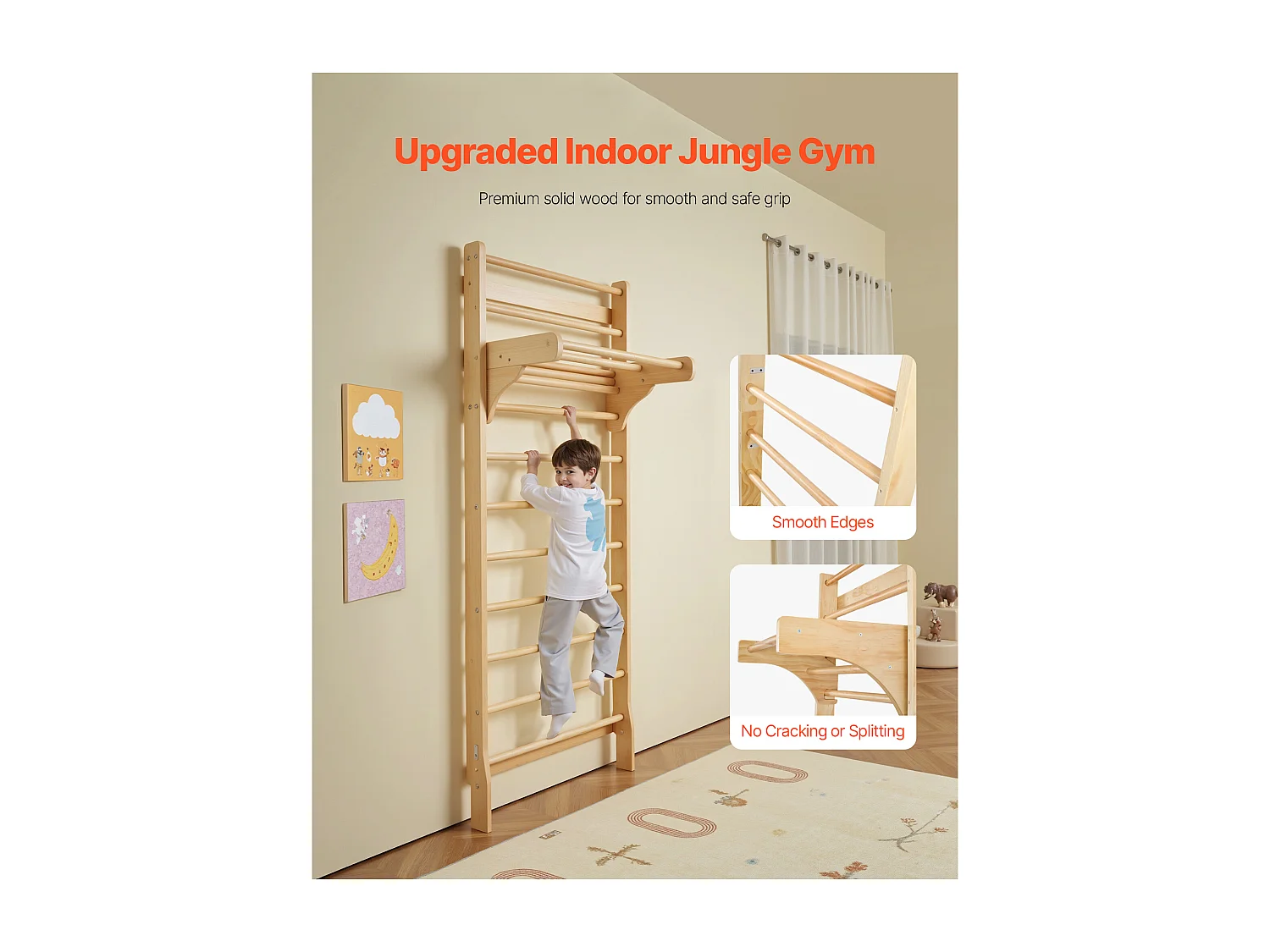 Spalliera in Legno Massello SucceBuy, Scala a Muro 10 Livelli, Capacità di Carico 99,8 kg, Attrezzatura Ginnica con Sbarra per Trazioni, Ideale per Arrampicata