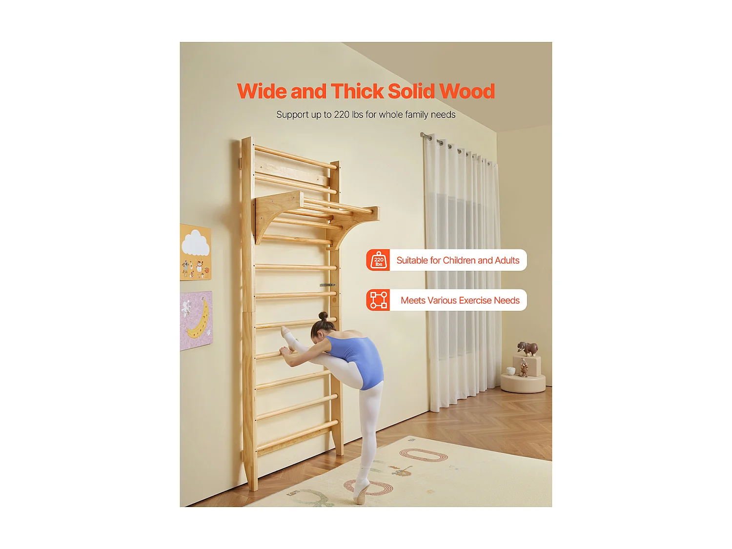Spalliera in Legno Massello SucceBuy, Scala a Muro 10 Livelli, Capacità di Carico 99,8 kg, Attrezzatura Ginnica con Sbarra per Trazioni, Ideale per Arrampicata