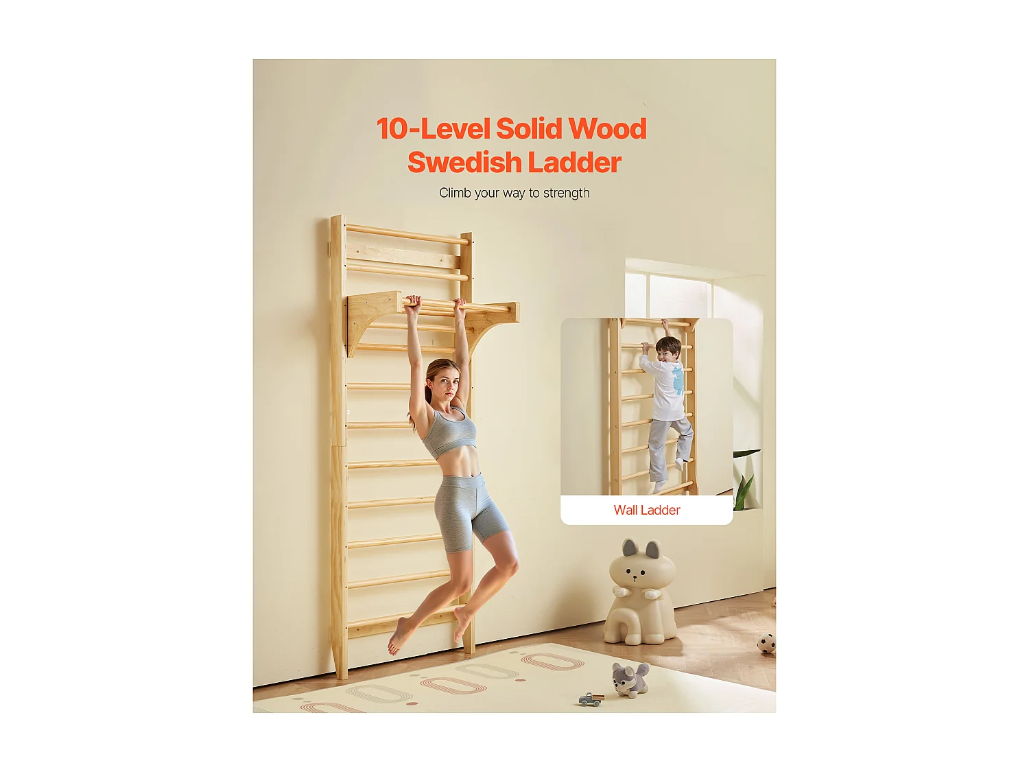 Spalliera in Legno Massello SucceBuy, Scala a Muro 10 Livelli, Capacità di Carico 99,8 kg, Attrezzatura Ginnica con Sbarra per Trazioni, Ideale per Arrampicata