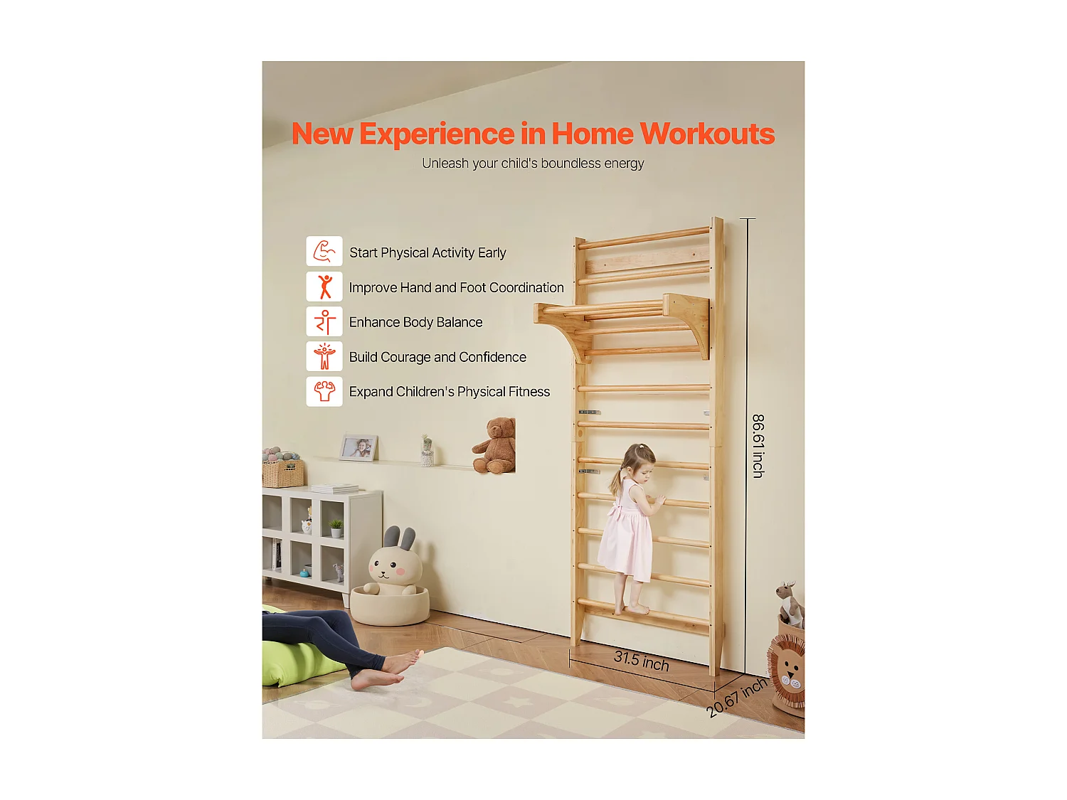 Spalliera in Legno Massello SucceBuy, Scala a Muro 10 Livelli, Capacità di Carico 99,8 kg, Attrezzatura Ginnica con Sbarra per Trazioni, Ideale per Arrampicata