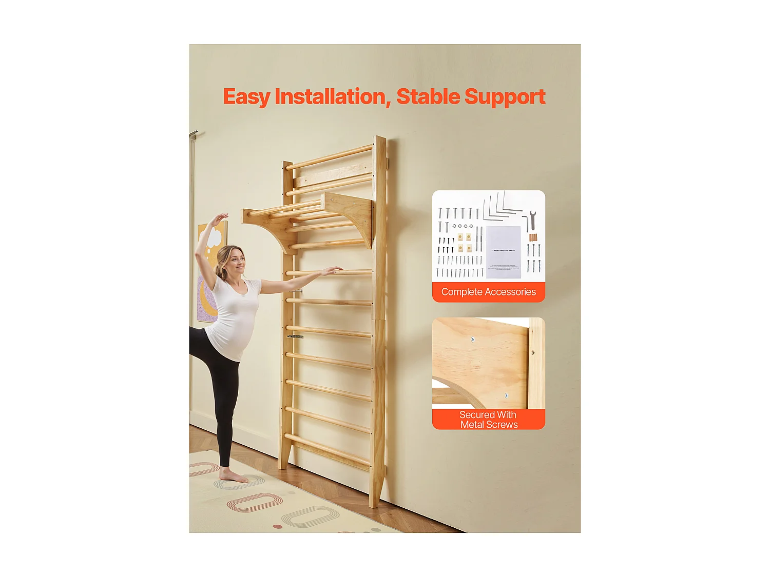 Spalliera in Legno Massello SucceBuy, Scala a Muro 10 Livelli, Capacità di Carico 99,8 kg, Attrezzatura Ginnica con Sbarra per Trazioni, Ideale per Arrampicata