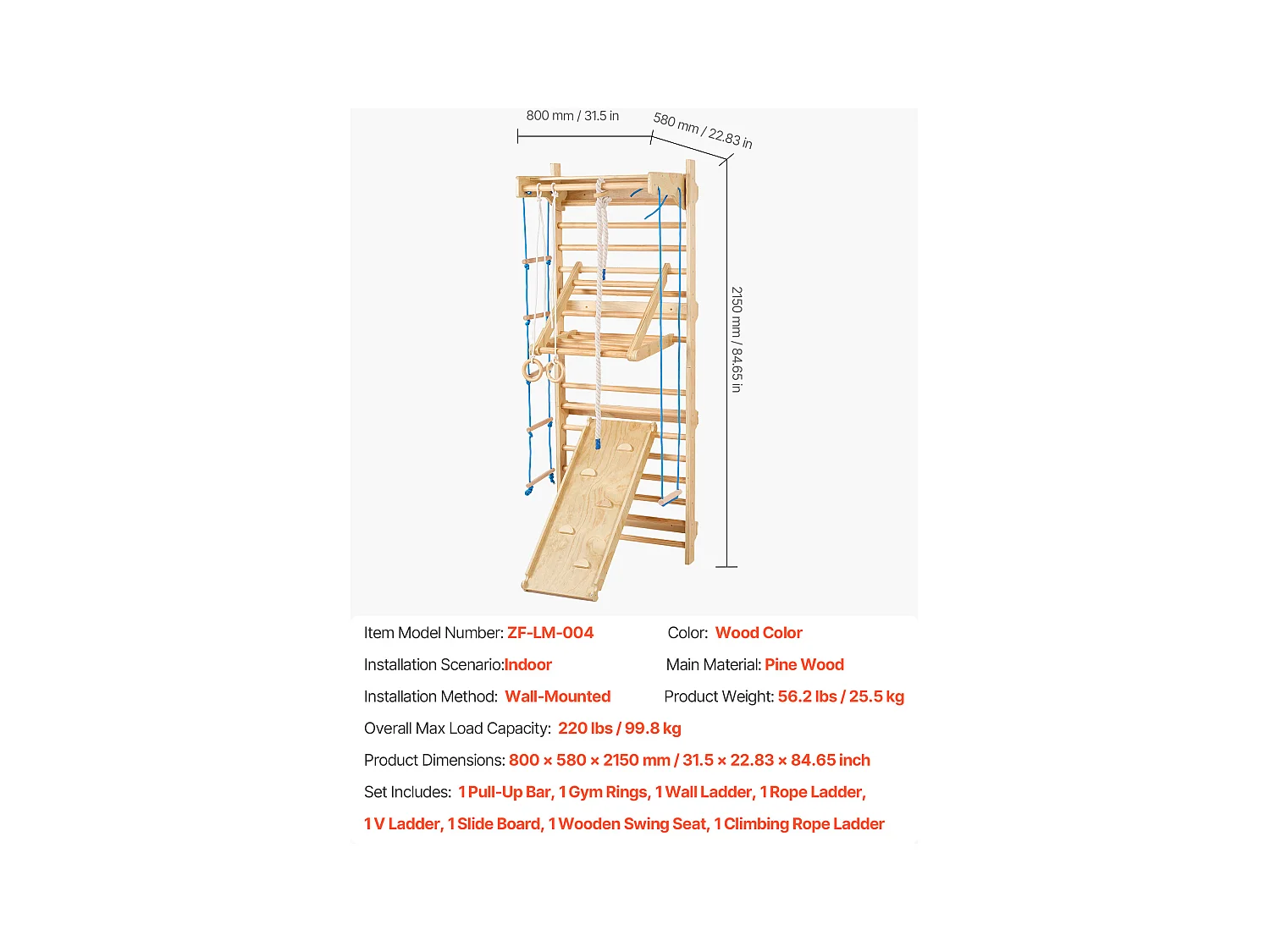 Espaldera de Madera Maciza SucceBuy, Escalera Sueca de Pared 15 Niveles, Carga 99,8 kg, con Tobogán, Barra de Dominadas, Anillas de Gimnasia, Asiento Columpio
