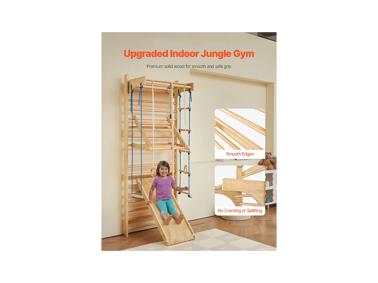 Espaldera de Madera Maciza SucceBuy, Escalera Sueca de Pared 15 Niveles, Carga 99,8 kg, con Tobogán, Barra de Dominadas, Anillas de Gimnasia, Asiento Columpio