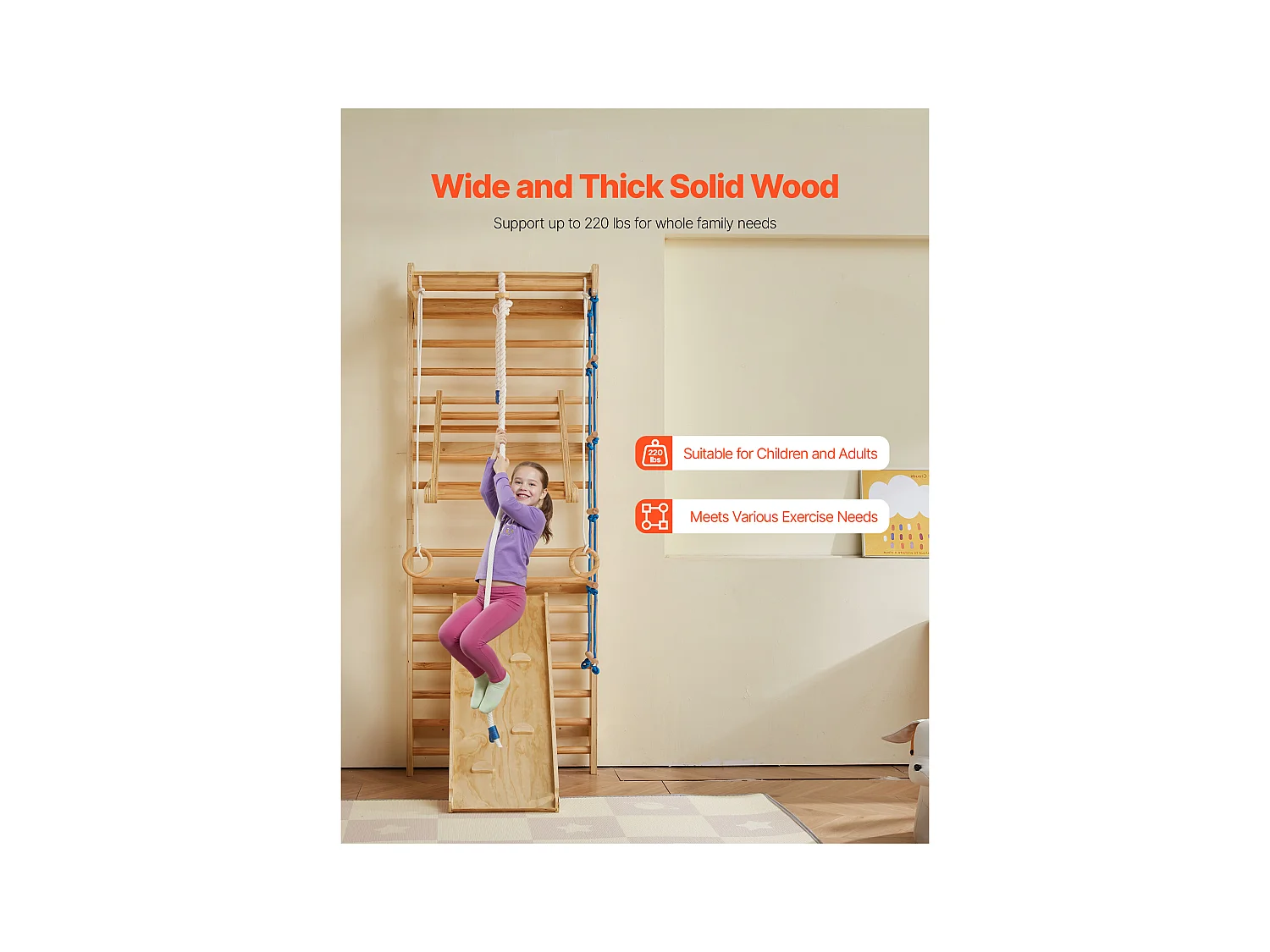 Espaldera de Madera Maciza SucceBuy, Escalera Sueca de Pared 15 Niveles, Carga 99,8 kg, con Tobogán, Barra de Dominadas, Anillas de Gimnasia, Asiento Columpio