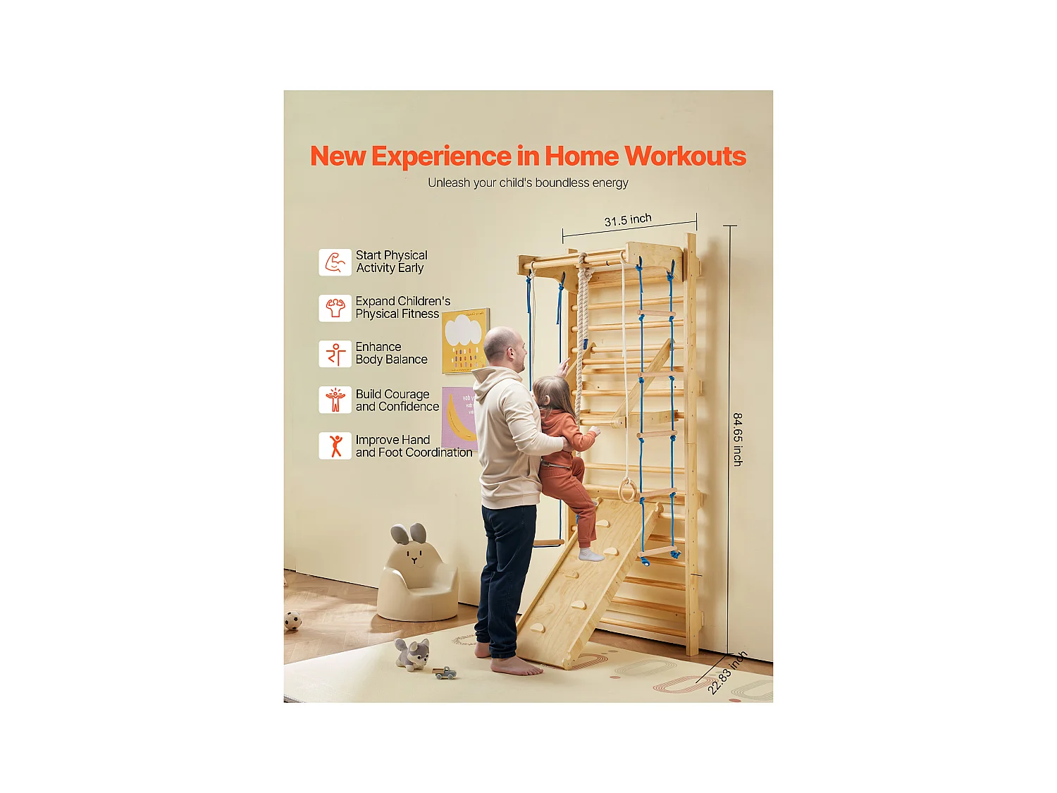 Espaldera de Madera Maciza SucceBuy, Escalera Sueca de Pared 15 Niveles, Carga 99,8 kg, con Tobogán, Barra de Dominadas, Anillas de Gimnasia, Asiento Columpio