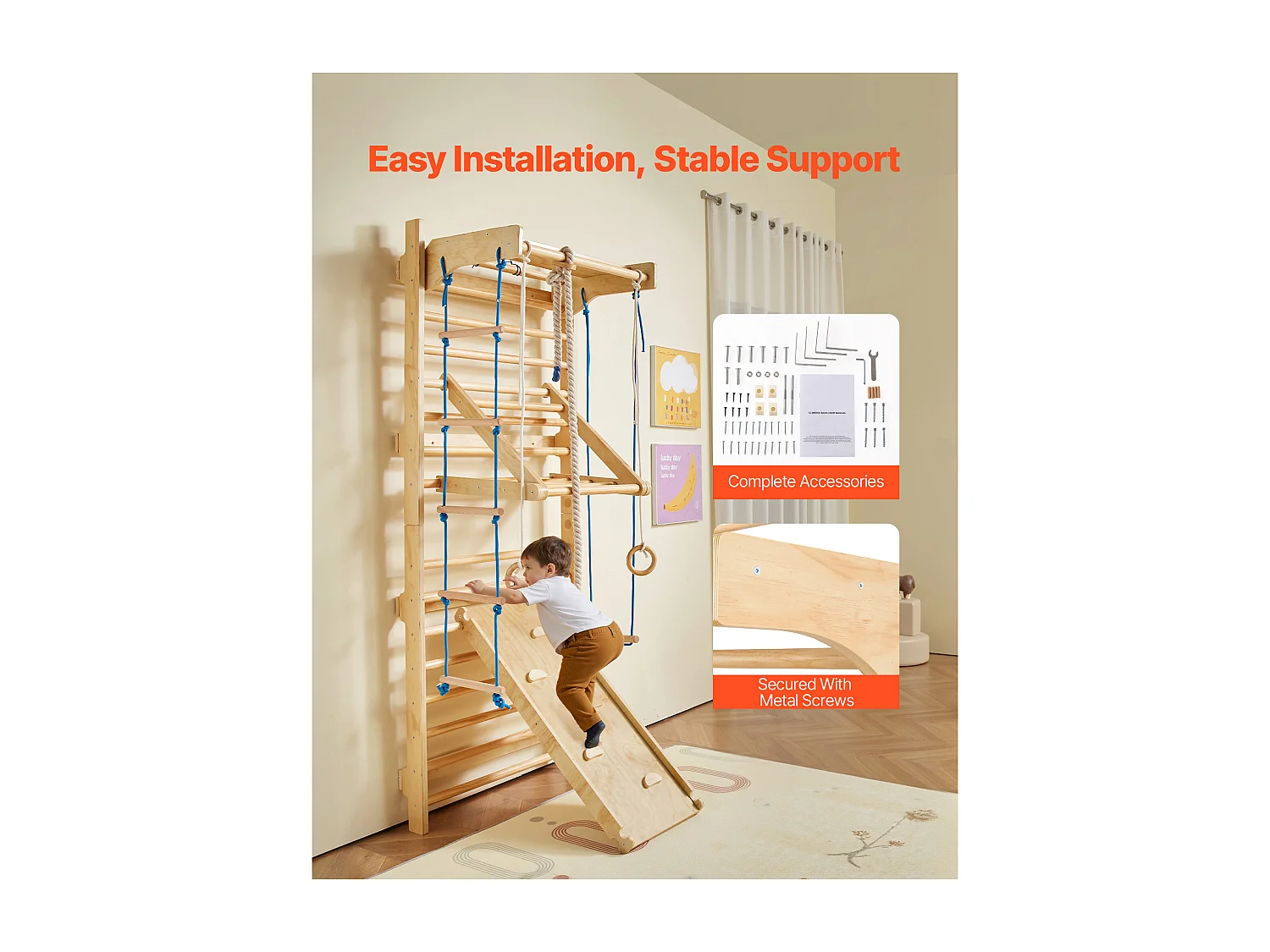 Espaldera de Madera Maciza SucceBuy, Escalera Sueca de Pared 15 Niveles, Carga 99,8 kg, con Tobogán, Barra de Dominadas, Anillas de Gimnasia, Asiento Columpio