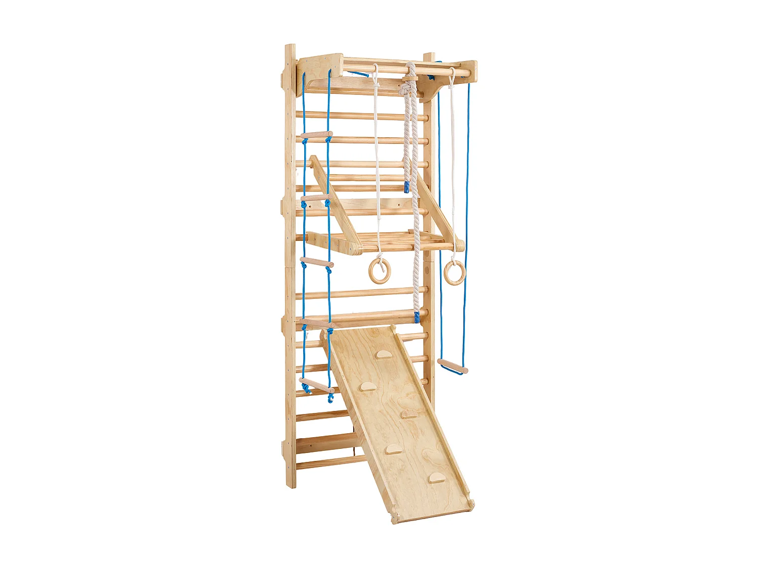 Espaldera de Madera Maciza SucceBuy, Escalera Sueca de Pared 15 Niveles, Carga 99,8 kg, con Tobogán, Barra de Dominadas, Anillas de Gimnasia, Asiento Columpio