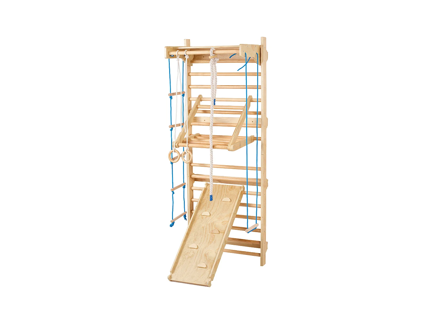 Espaldera de Madera Maciza SucceBuy, Escalera Sueca de Pared 15 Niveles, Carga 99,8 kg, con Tobogán, Barra de Dominadas, Anillas de Gimnasia, Asiento Columpio