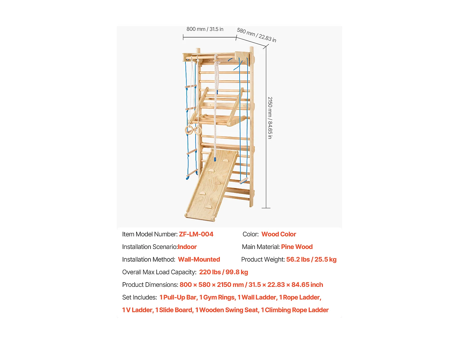 Klettergerüst aus Massivholz SucceBuy, Schwedische Wandleiter 15 Sprossen, Belastung 99,8 kg, mit Rutsche, Klimmzugstange, Turnringen, SchaukelSitz
