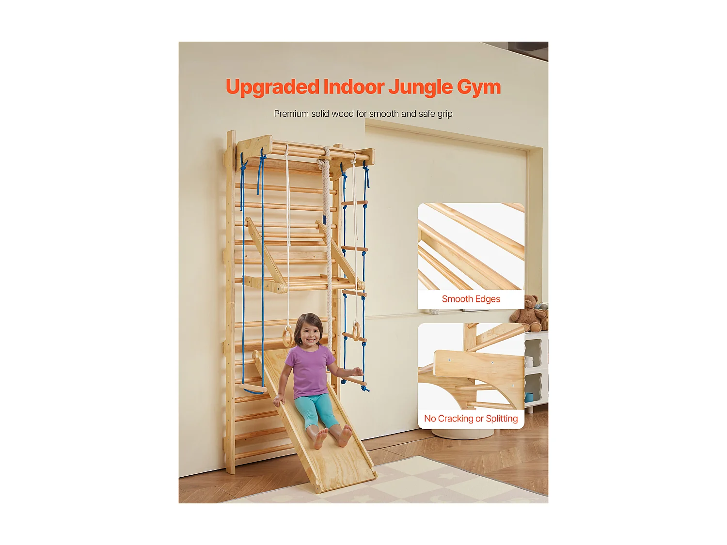Klettergerüst aus Massivholz SucceBuy, Schwedische Wandleiter 15 Sprossen, Belastung 99,8 kg, mit Rutsche, Klimmzugstange, Turnringen, SchaukelSitz