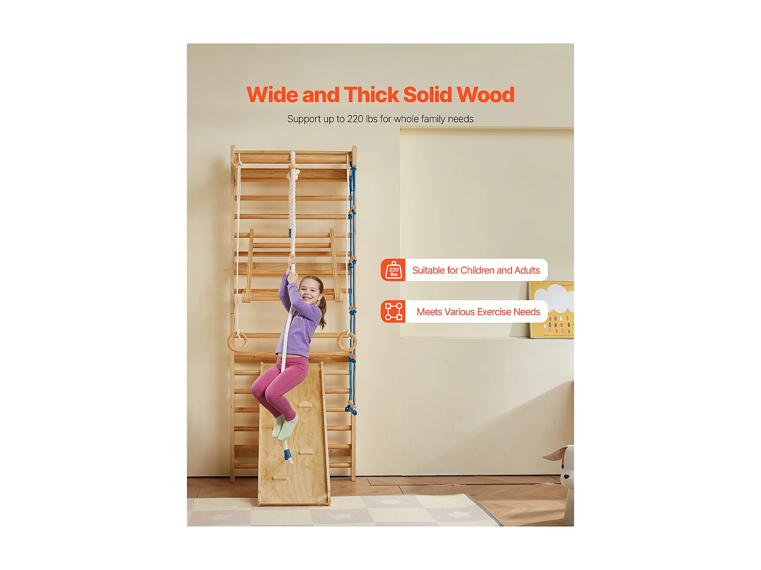 Klettergerüst aus Massivholz SucceBuy, Schwedische Wandleiter 15 Sprossen, Belastung 99,8 kg, mit Rutsche, Klimmzugstange, Turnringen, SchaukelSitz