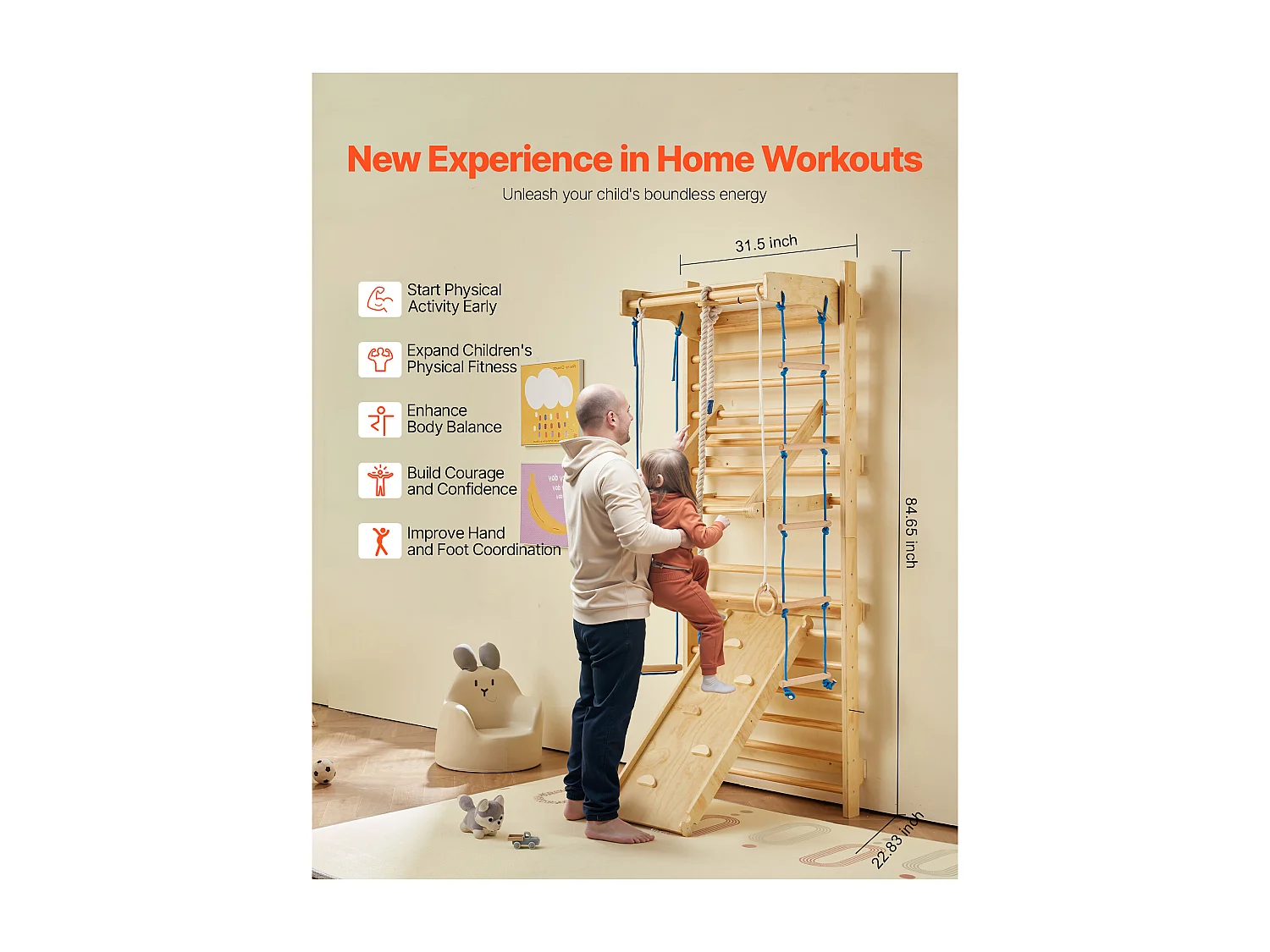 Klettergerüst aus Massivholz SucceBuy, Schwedische Wandleiter 15 Sprossen, Belastung 99,8 kg, mit Rutsche, Klimmzugstange, Turnringen, SchaukelSitz