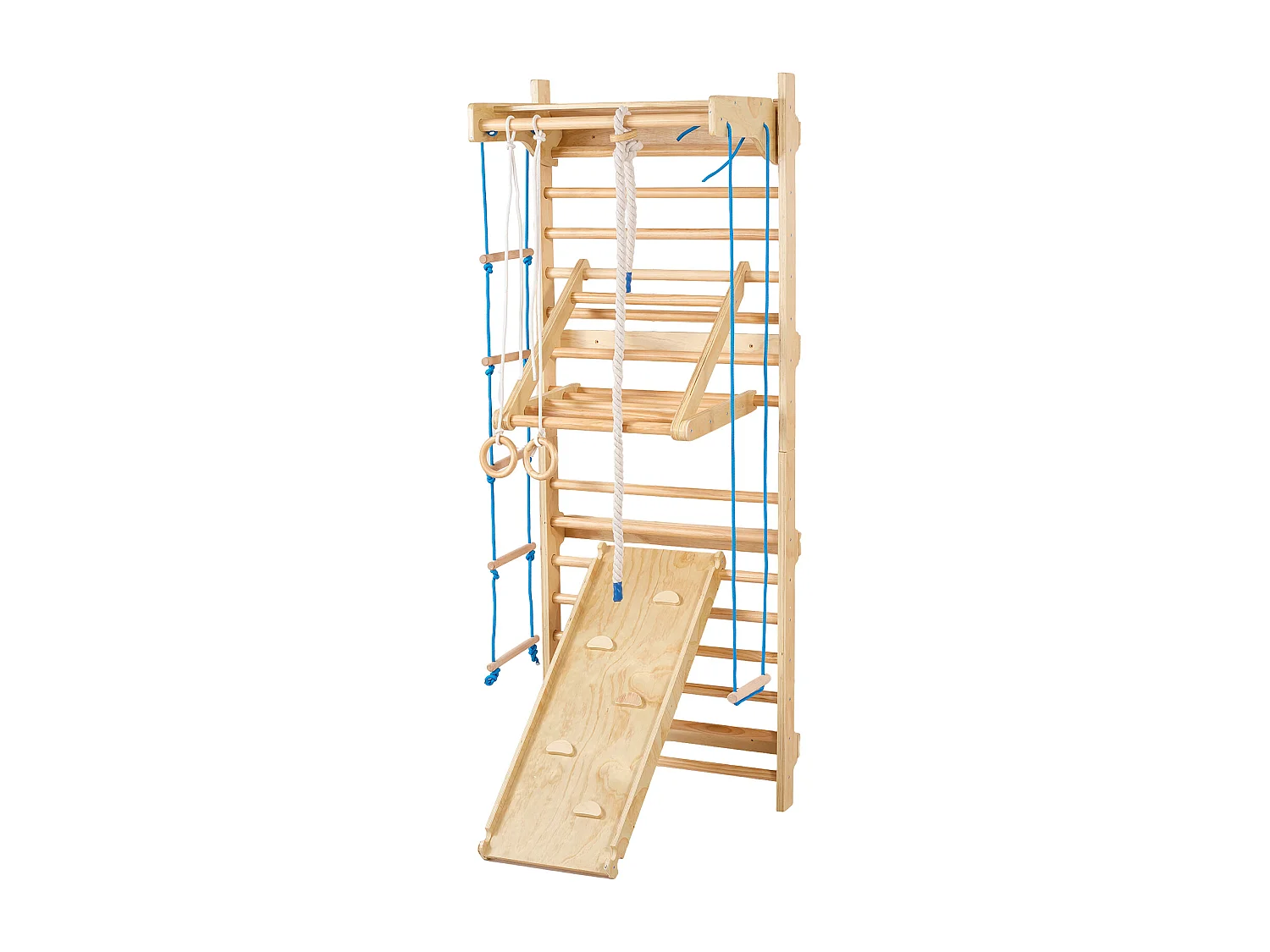 Klettergerüst aus Massivholz SucceBuy, Schwedische Wandleiter 15 Sprossen, Belastung 99,8 kg, mit Rutsche, Klimmzugstange, Turnringen, SchaukelSitz