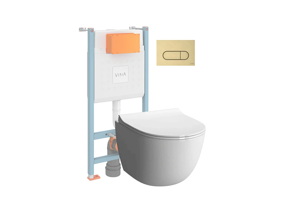 Pack WC suspendu VITRA Sento Blanc Compact  + Bâti auto-portant V-Fix Core + Plaque Round Or brossé