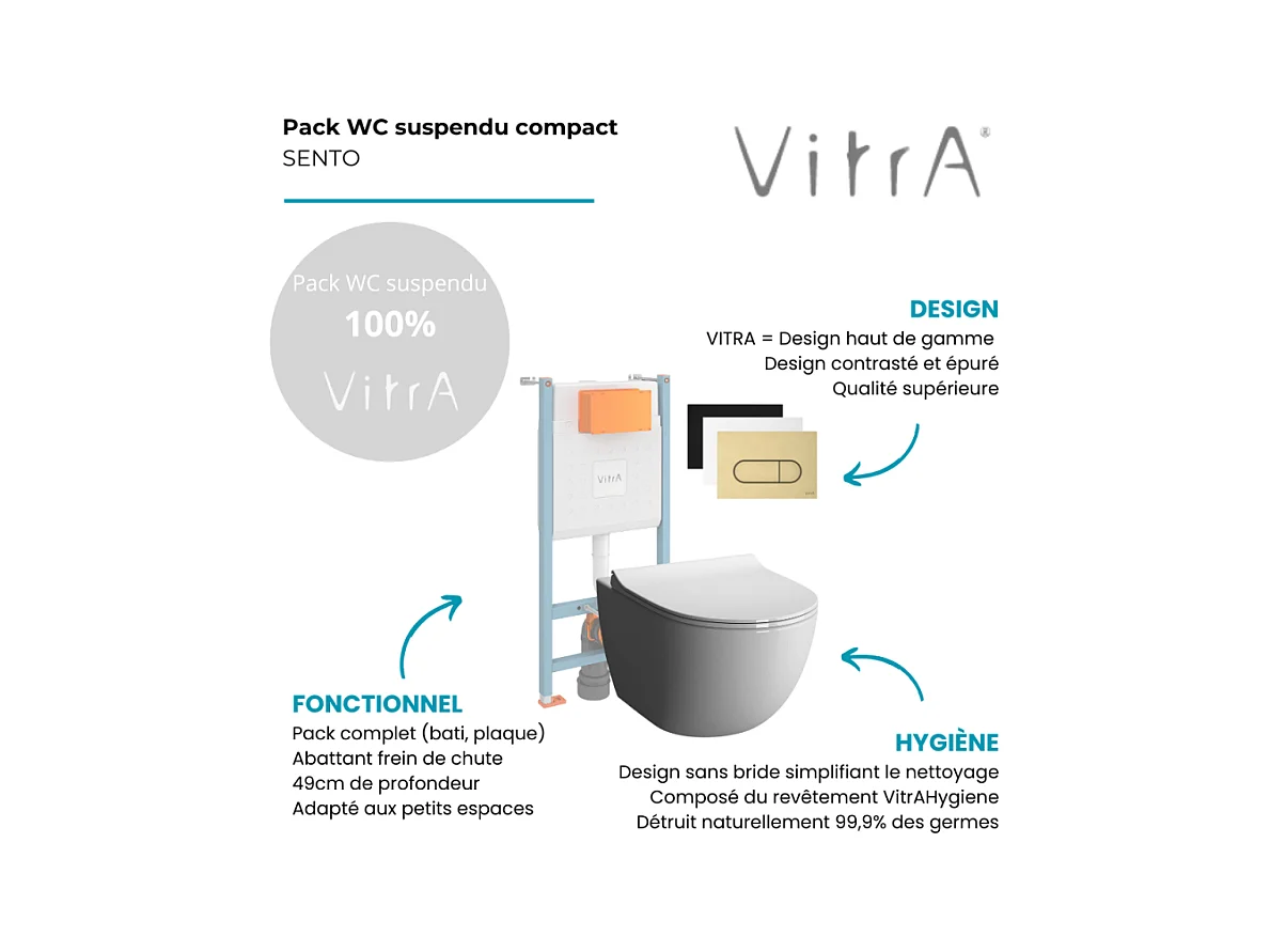 Pack WC suspendu VITRA Sento Blanc Compact  + Bâti auto-portant V-Fix Core + Plaque Round Or brossé