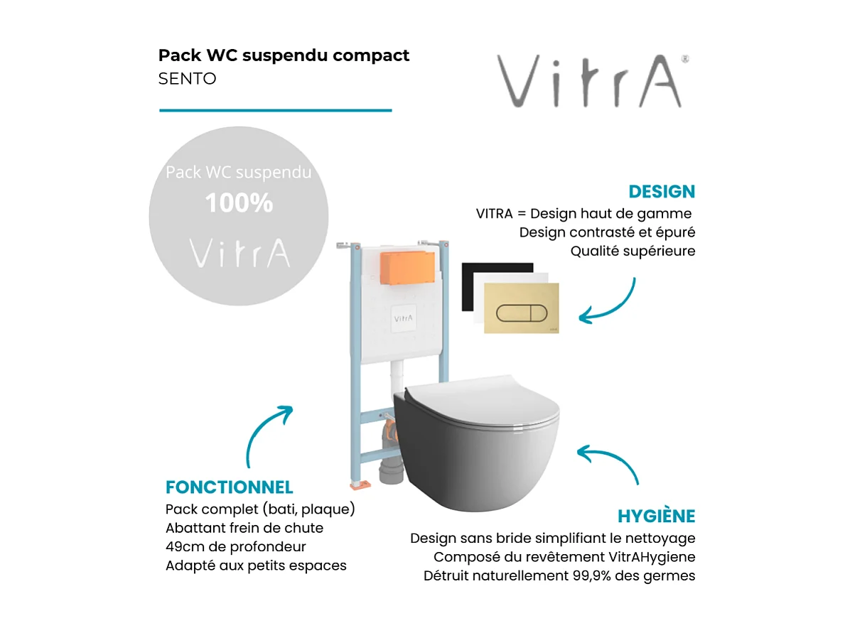 Pack WC suspendu VITRA Sento Blanc Compact  + Bâti auto-portant V-Fix Core + Plaque Round Or brossé