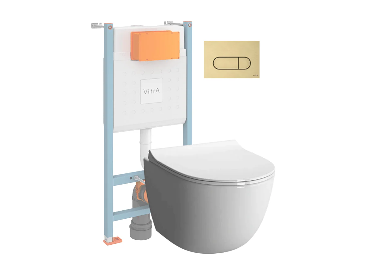 Pack WC suspendu VITRA Sento Blanc Compact  + Bâti auto-portant V-Fix Core + Plaque Round Or brossé