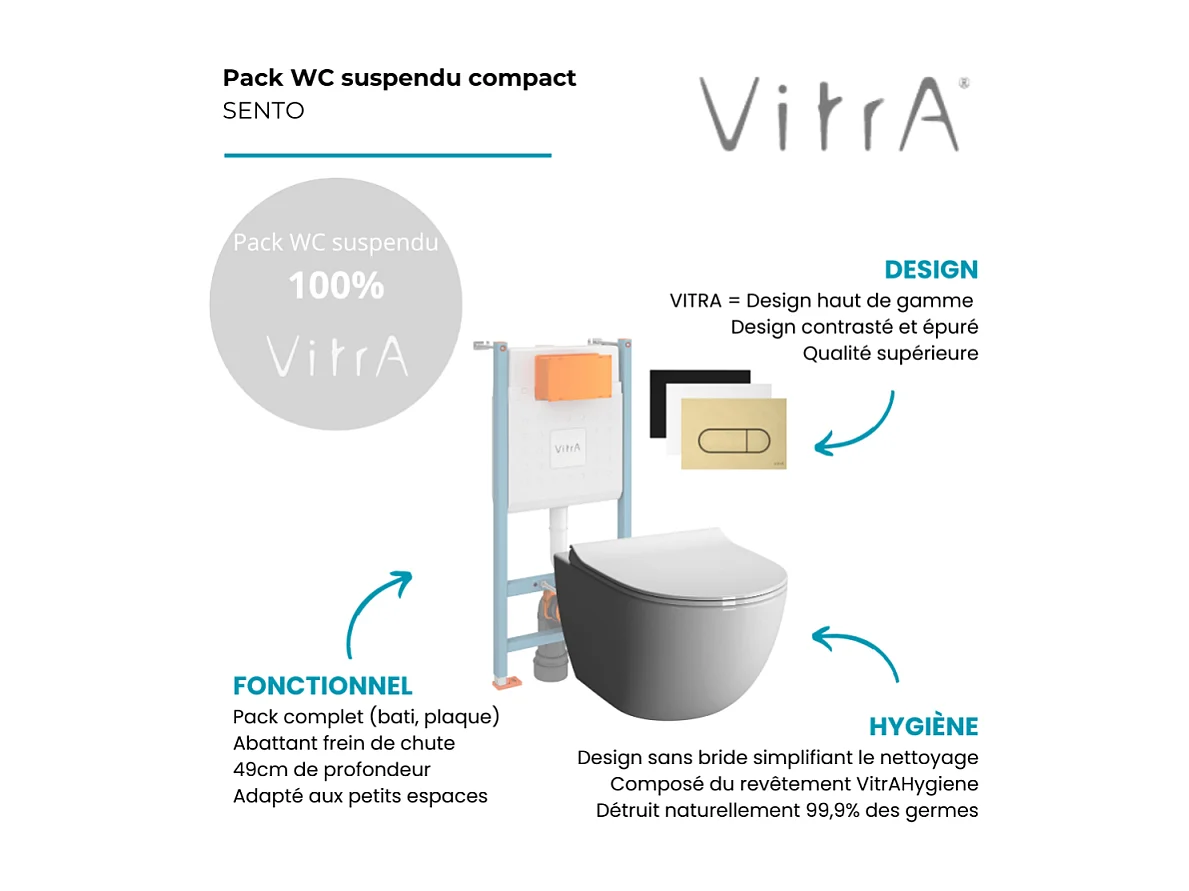 Pack WC suspendu VITRA Sento Blanc Compact  + Bâti auto-portant V-Fix Core + Plaque Round Or brossé