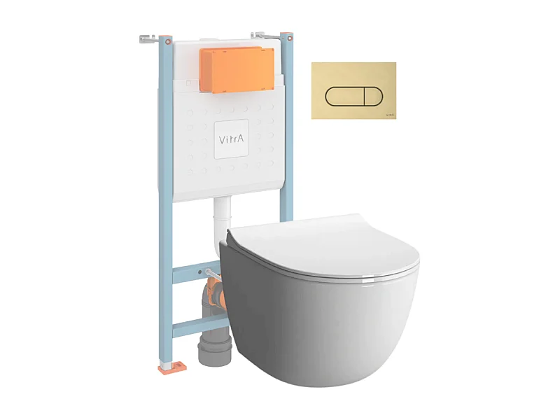 Pack WC suspendu VITRA Sento Blanc Compact  + Bâti auto-portant V-Fix Core + Plaque Round Or brossé