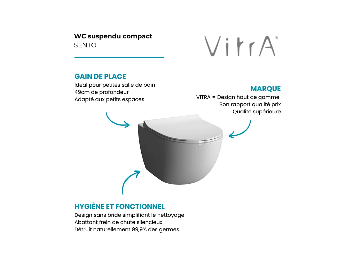 WC suspendu compact sans bride VITRA Sento blanc brillant + abattant
