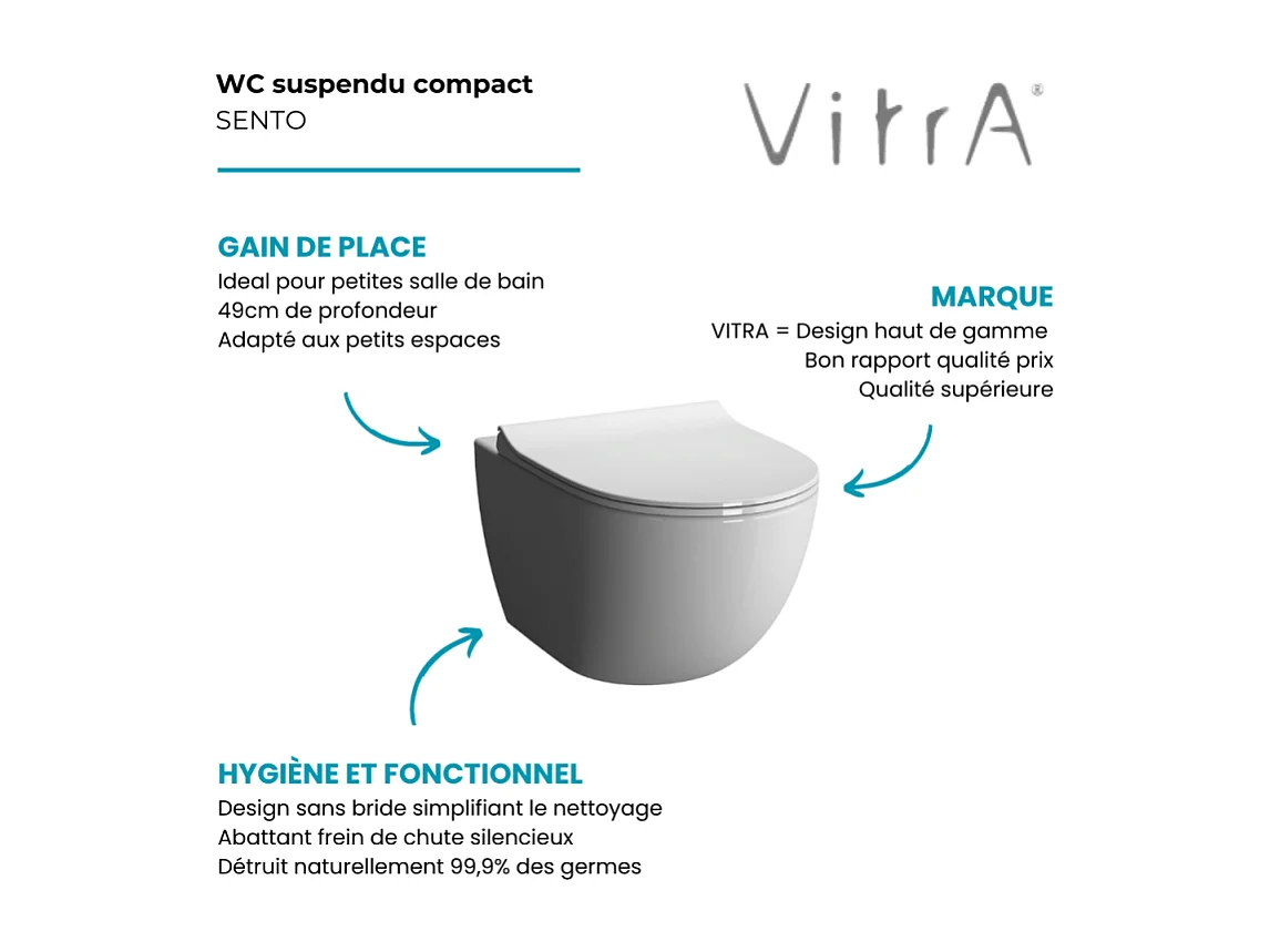 WC suspendu compact sans bride VITRA Sento blanc brillant + abattant