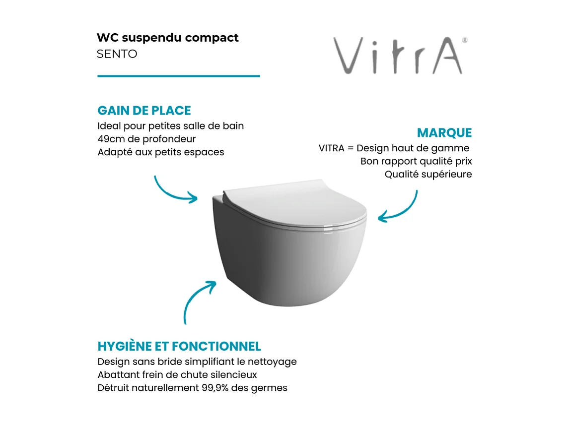 WC suspendu compact sans bride VITRA Sento blanc brillant + abattant
